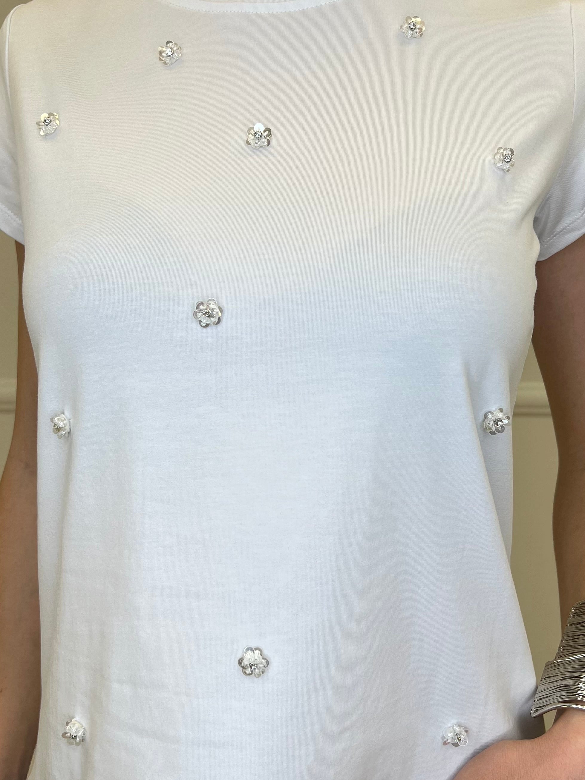 T-shirt Fiori Paillettes e Cristalli 5256 Bianco