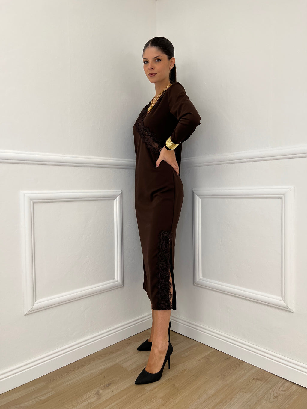 Abito Crepe Pizzo 55743 Marrone