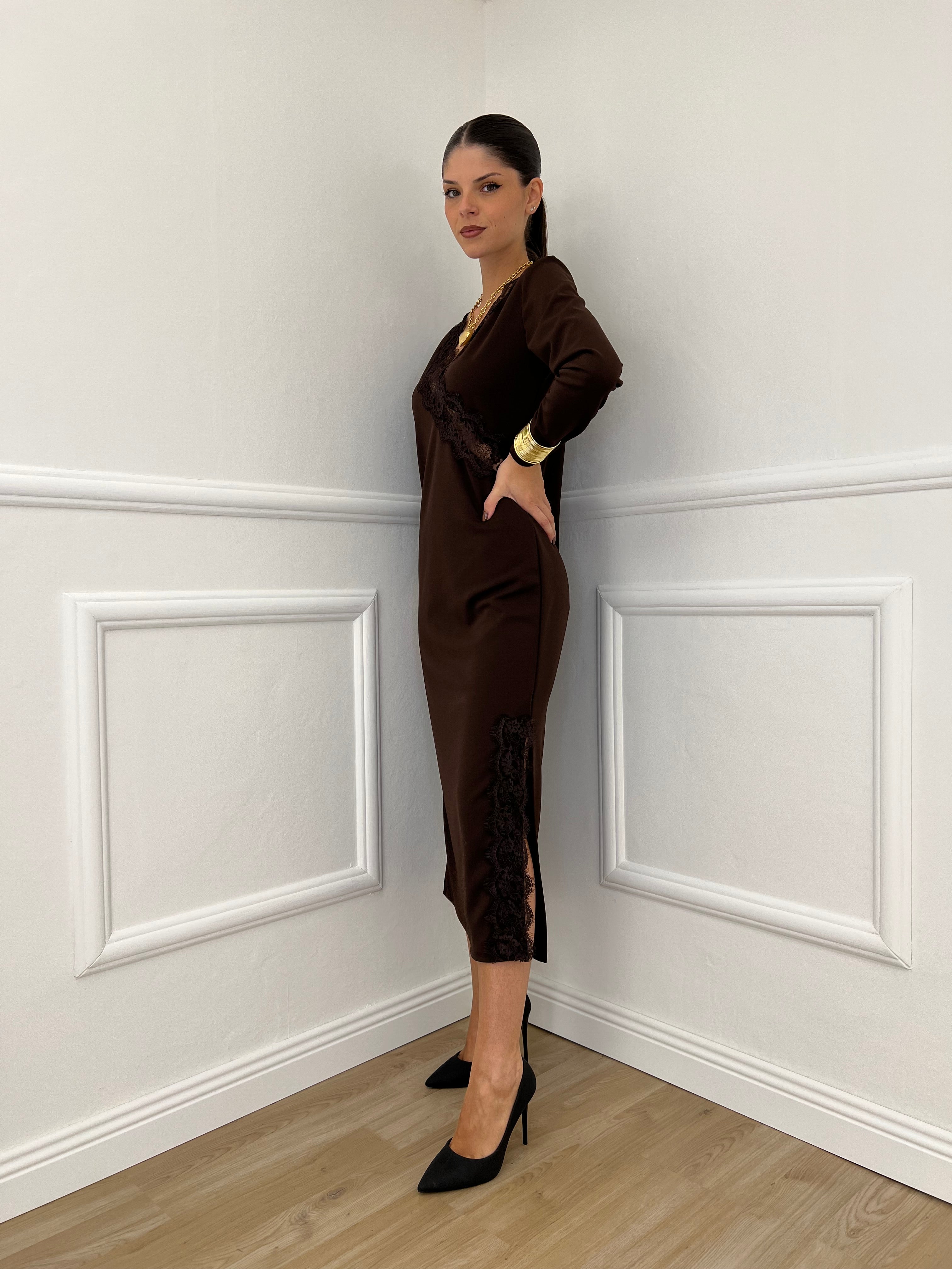 Abito Crepe Pizzo 55743 Marrone