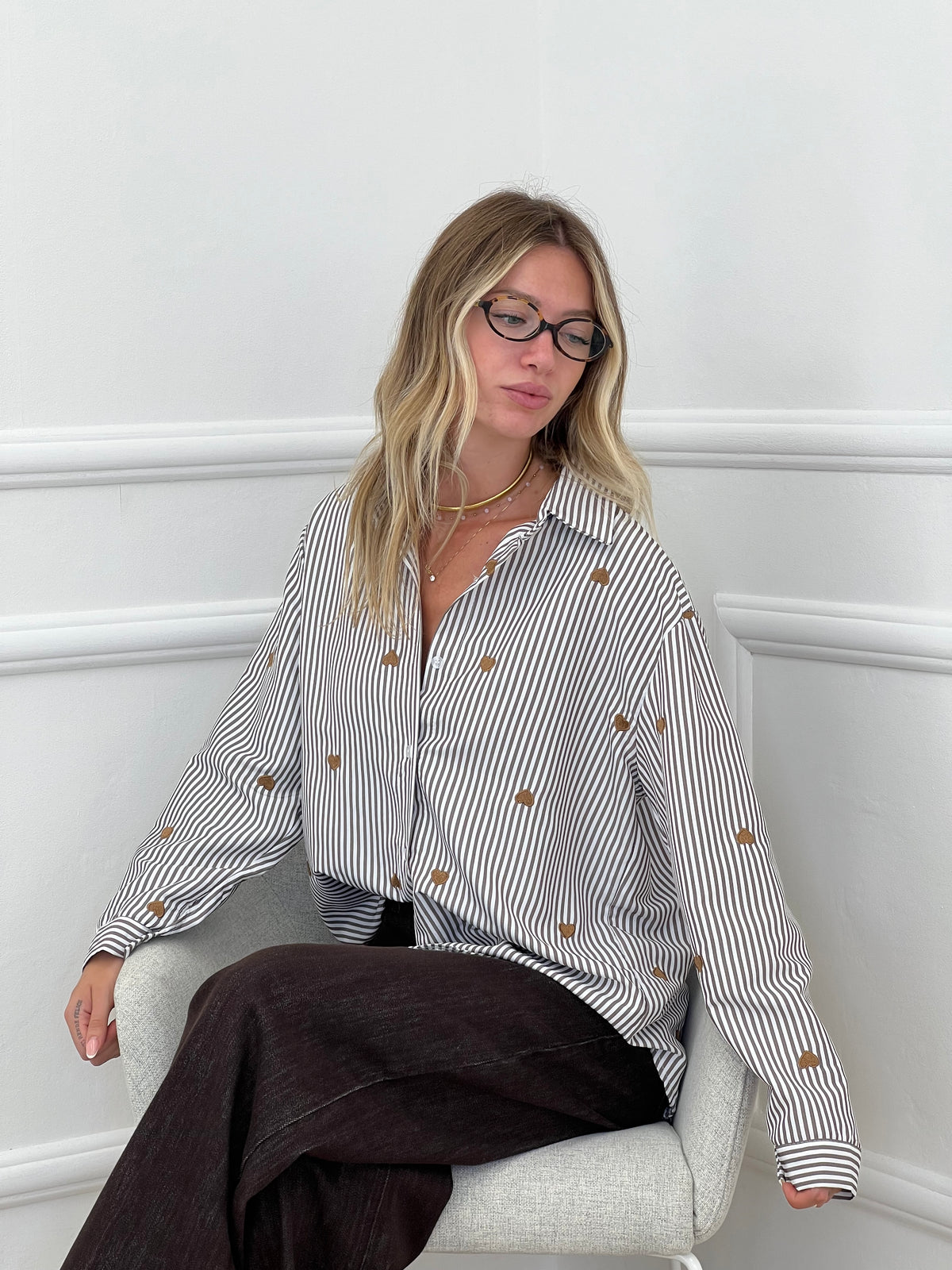 Camicia Cuori Ricamati 1255 Marrone