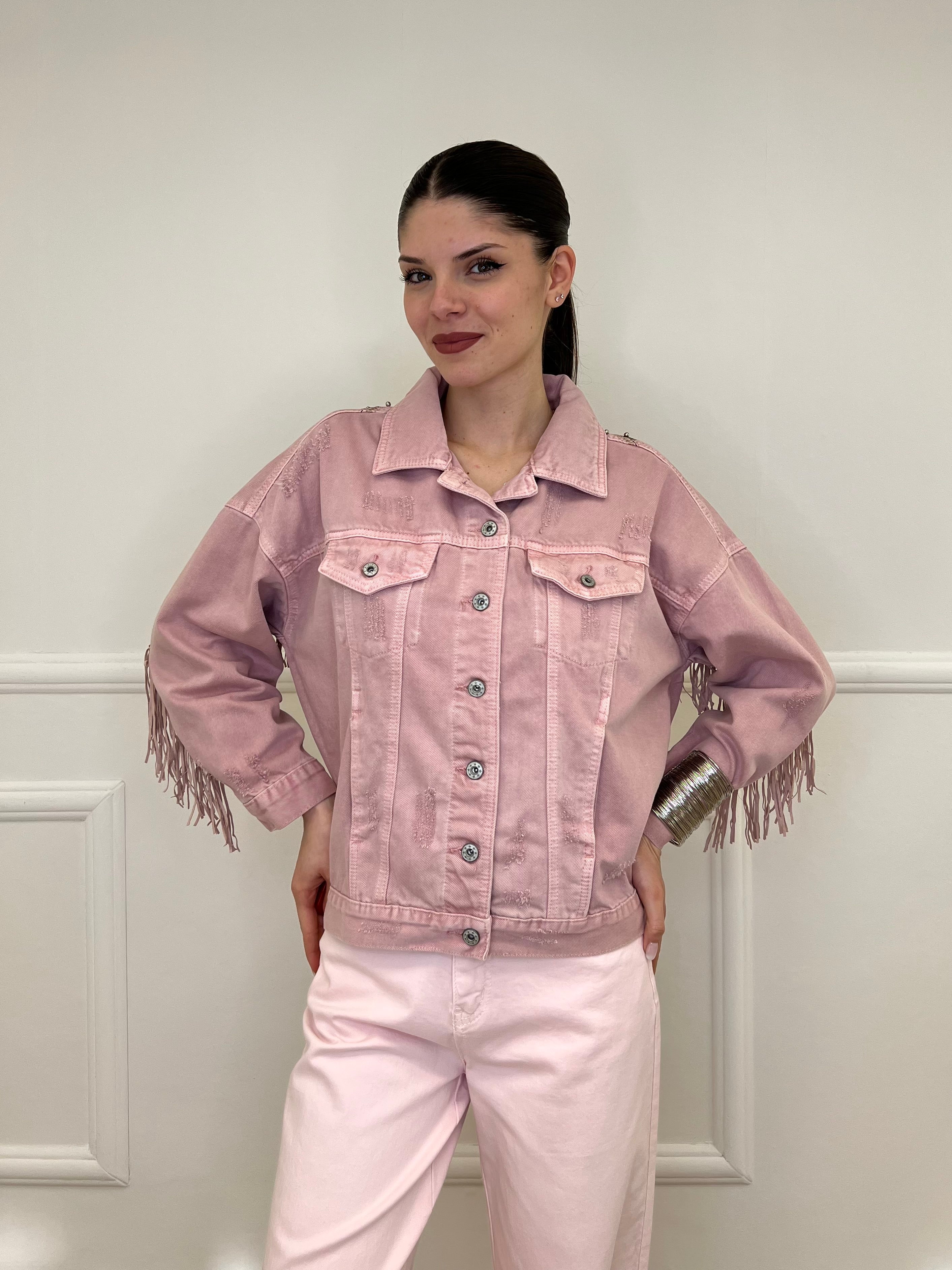 Giacca Denim con Frange e Ricami 9597 Rosa