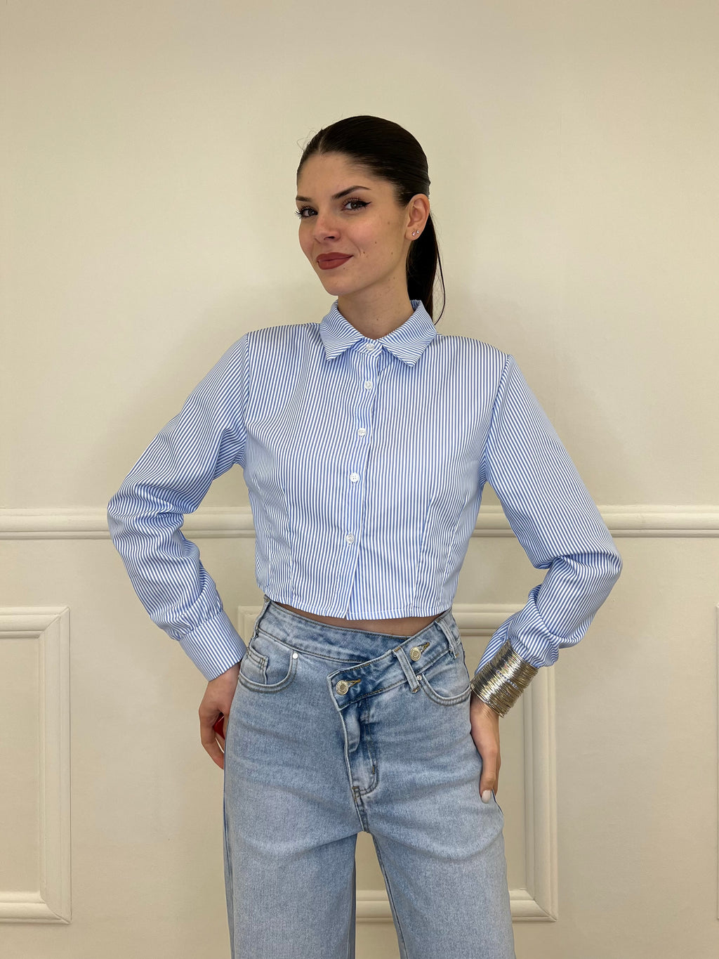 Camicia Crop a Righe 3147 Azzurro