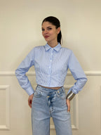 Camicia Crop a Righe 3147 Azzurro