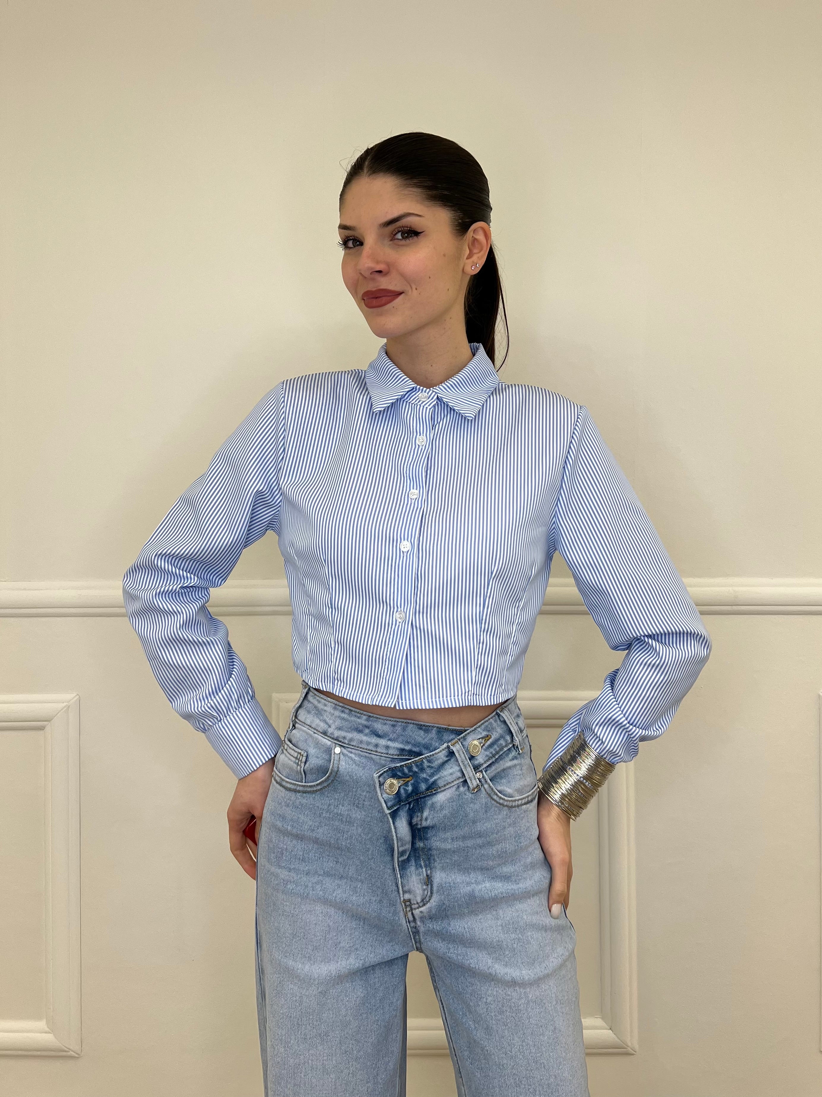 Camicia Crop a Righe 3147 Azzurro