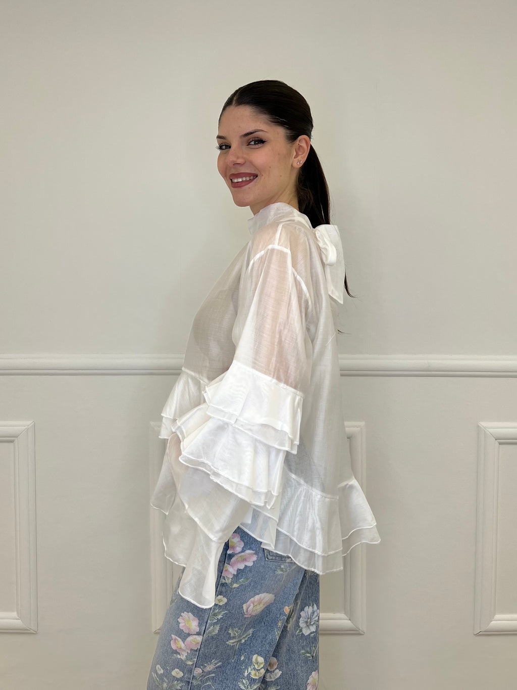 Blusa in Tencel a Balze 6108 Bianco