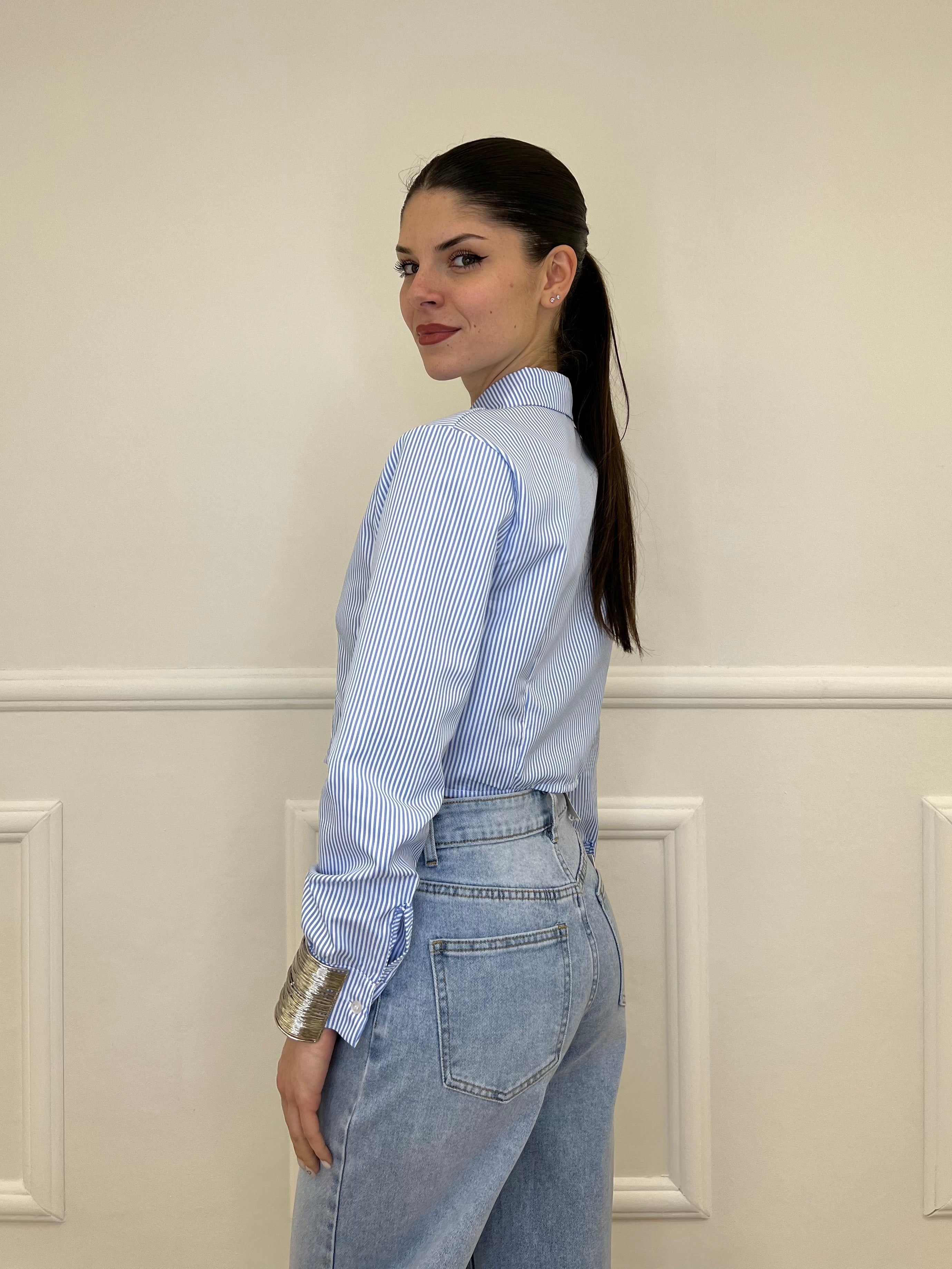 Camicia Crop a Righe 3147 Azzurro