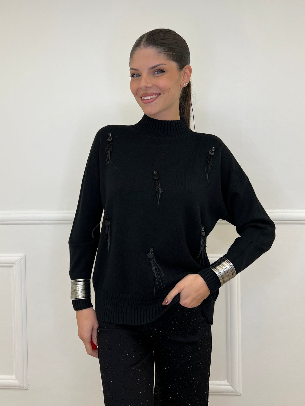 Maglia Strass e Piume DL7355 Nero