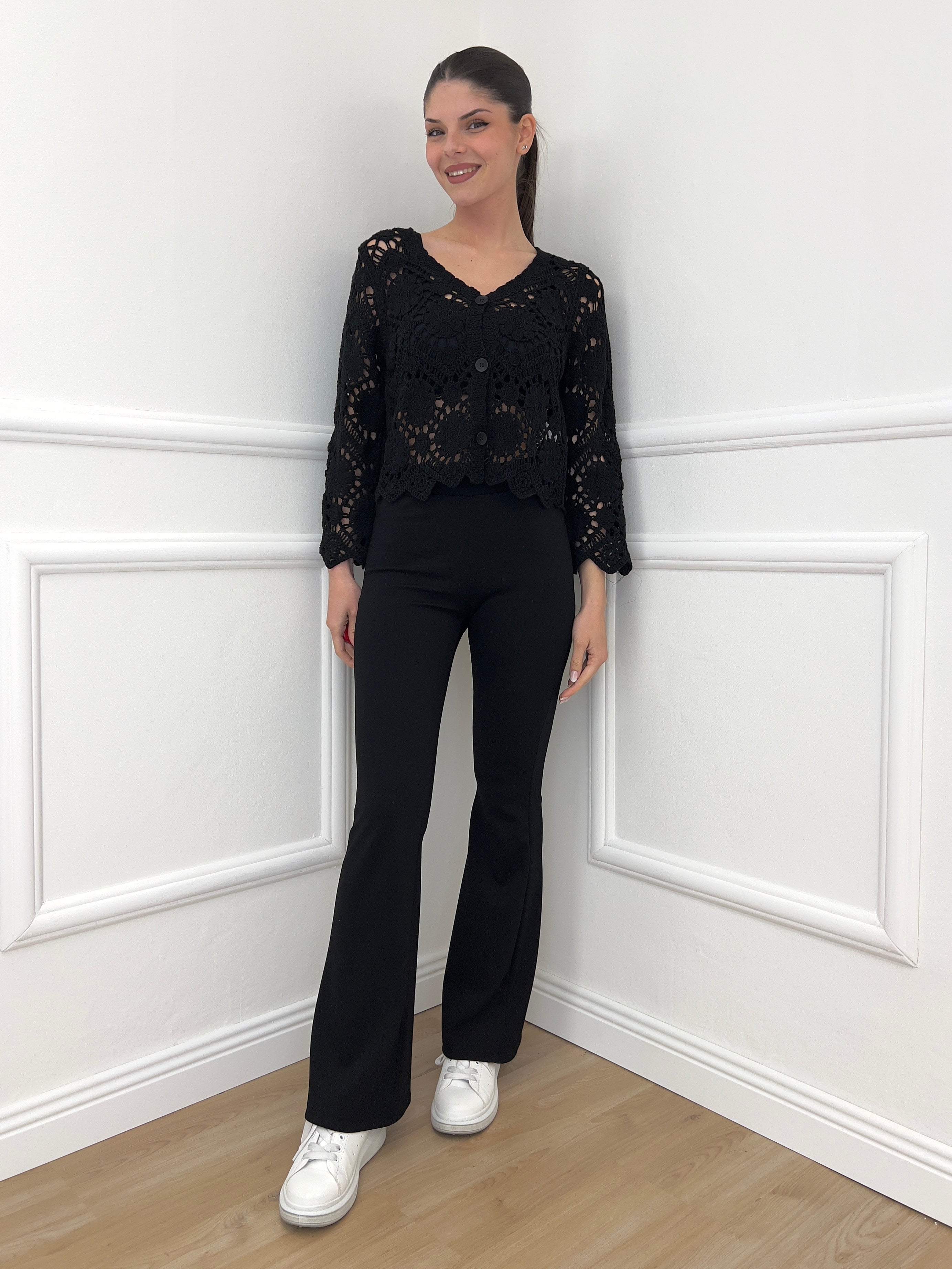 Cardigan Crop Crochet 38018 Nero - Bazar Abbigliamento