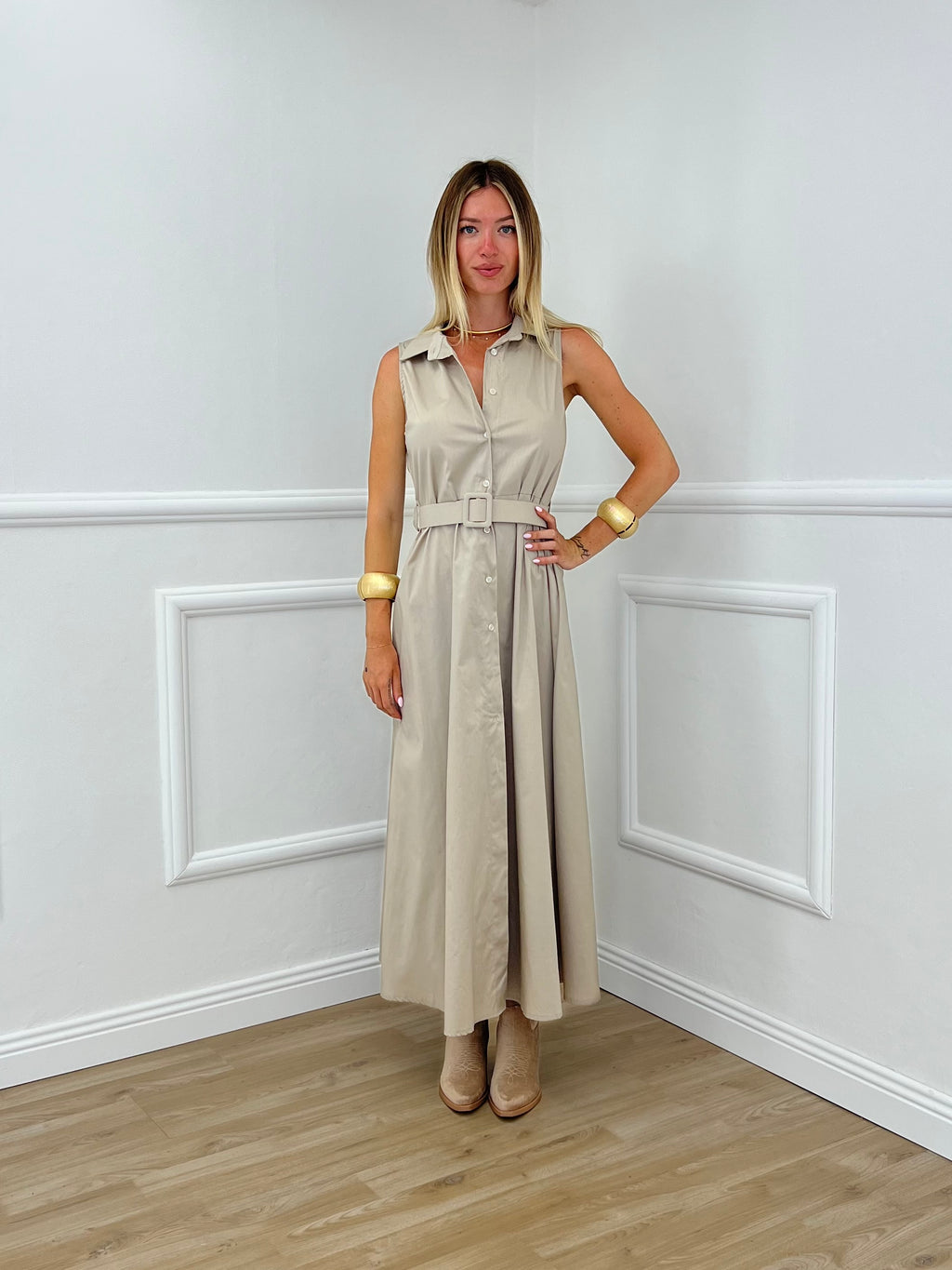 Abito Cotone Cintura 364997 Beige