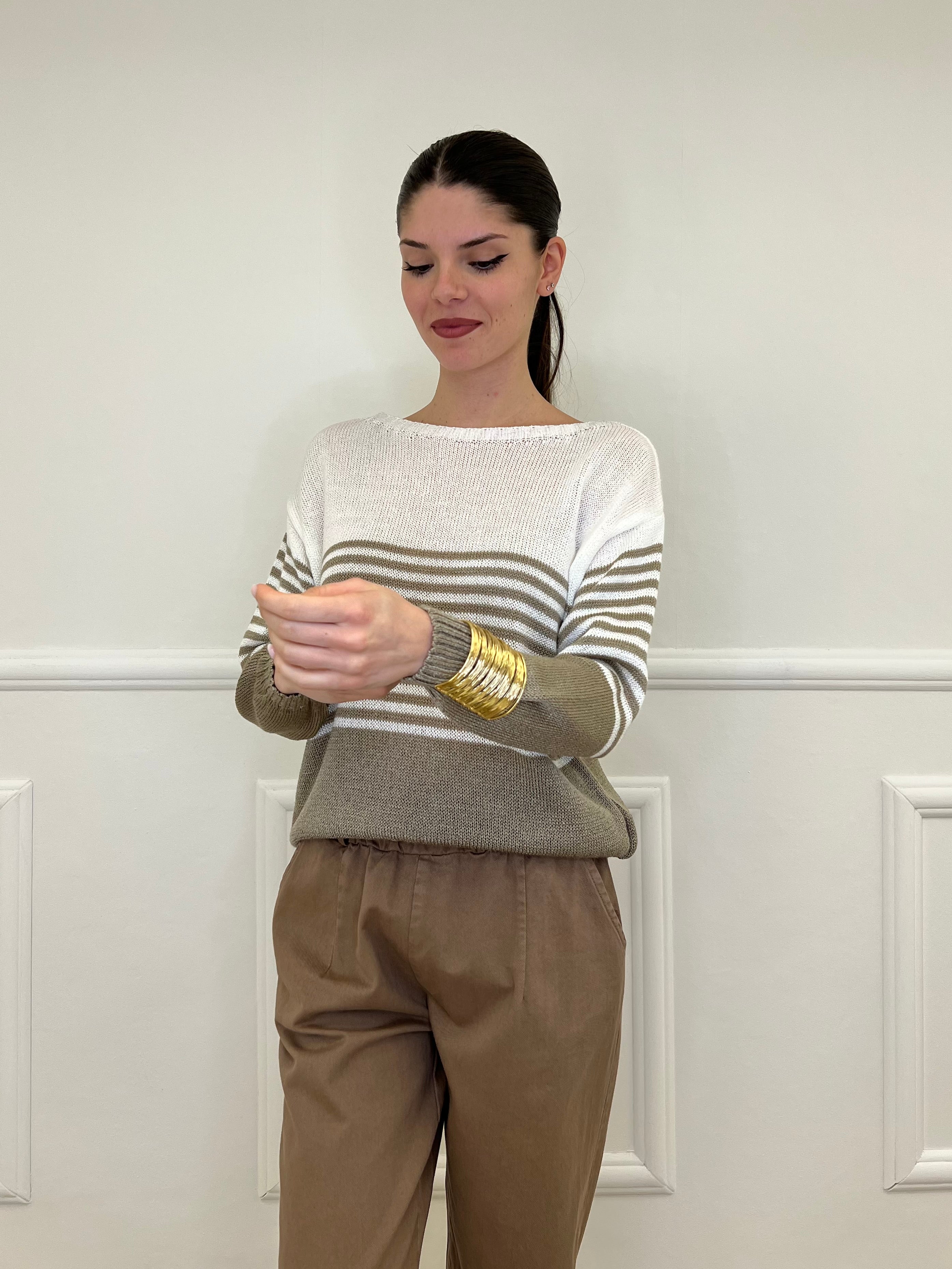 Maglia a Righe Bicolore 26001 Taupe e Bianco