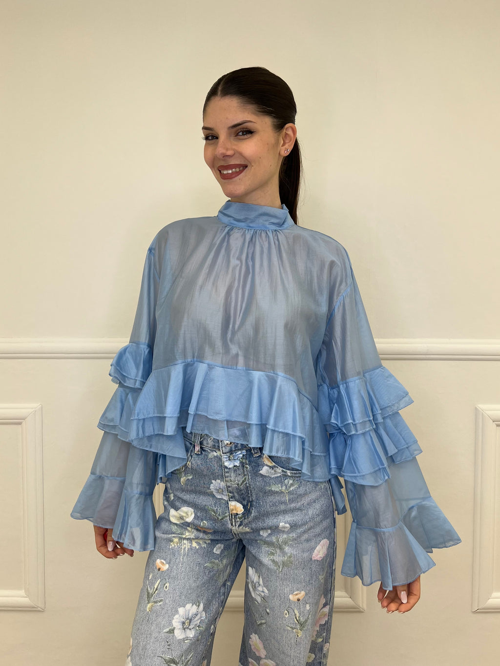 Blusa in Tencel a Balze 6108 Azzurro