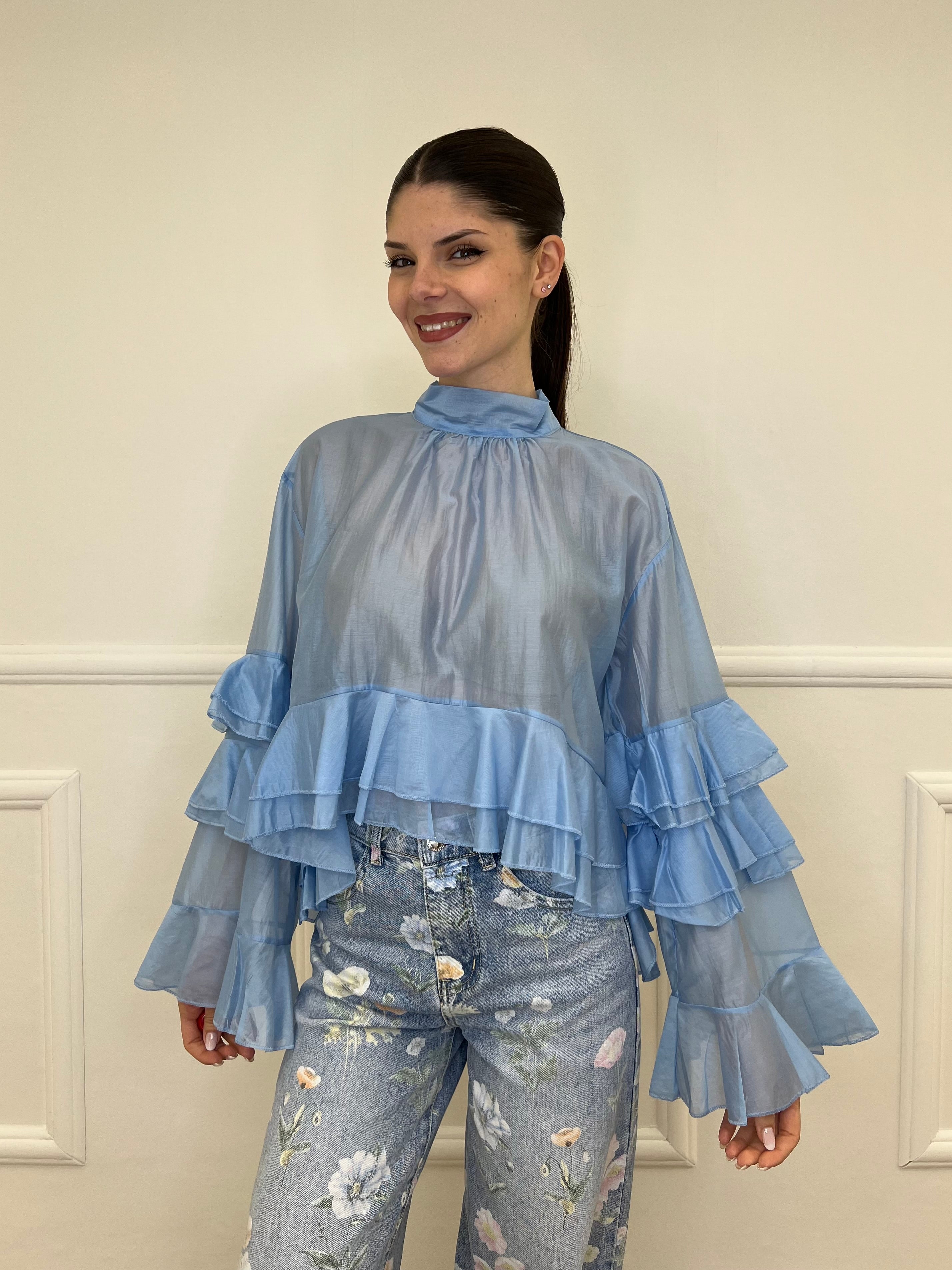 Blusa in Tencel a Balze 6108 Azzurro