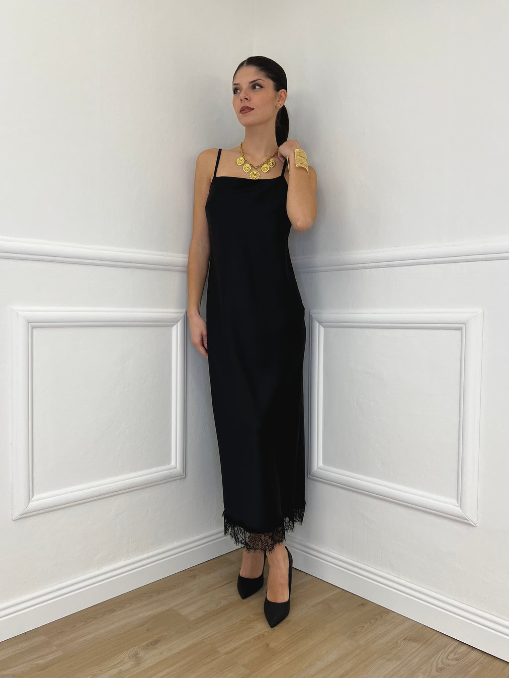 Abito Satin con Pizzo 16619 Nero