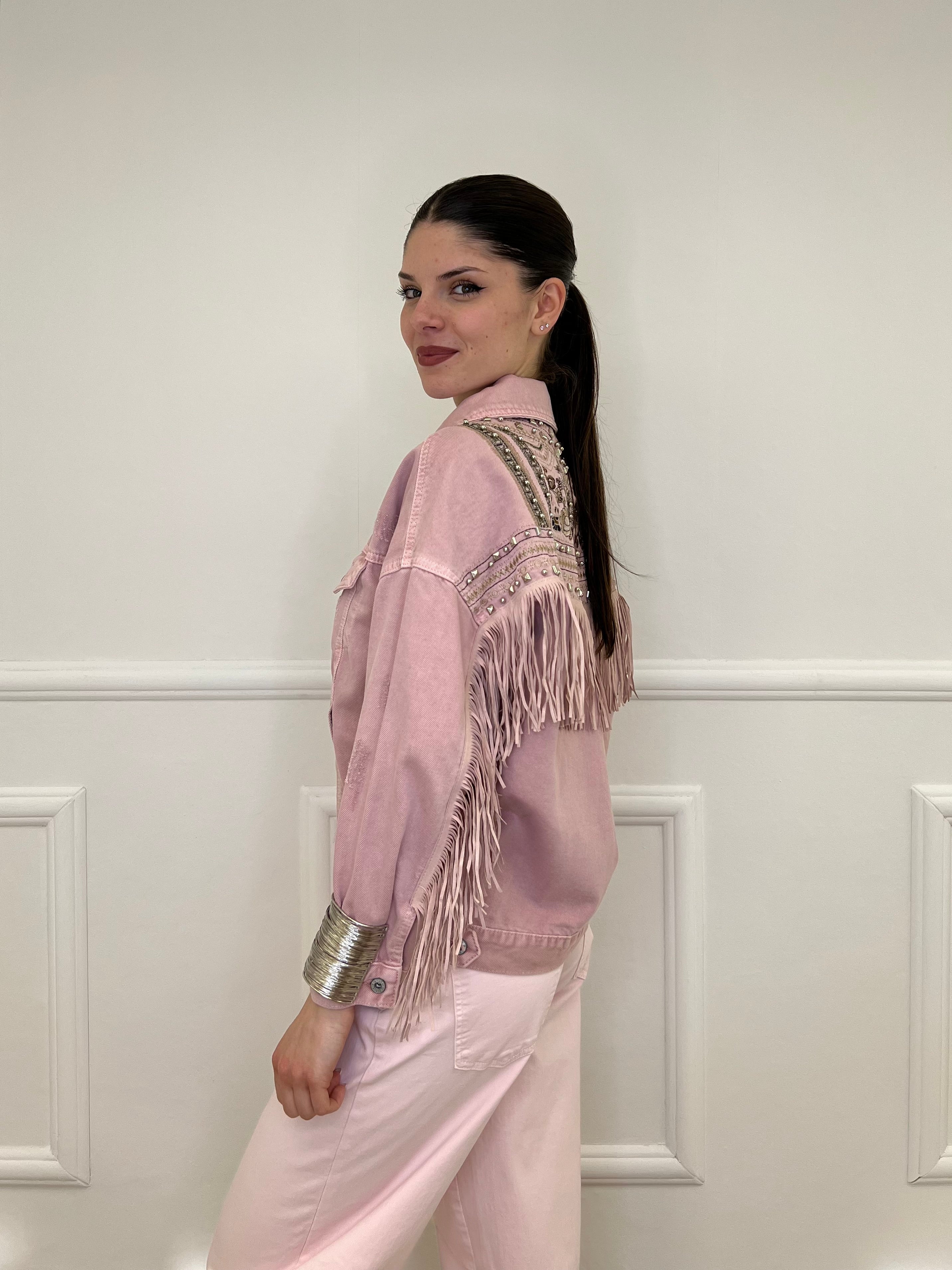Giacca Denim con Frange e Ricami 9597 Rosa