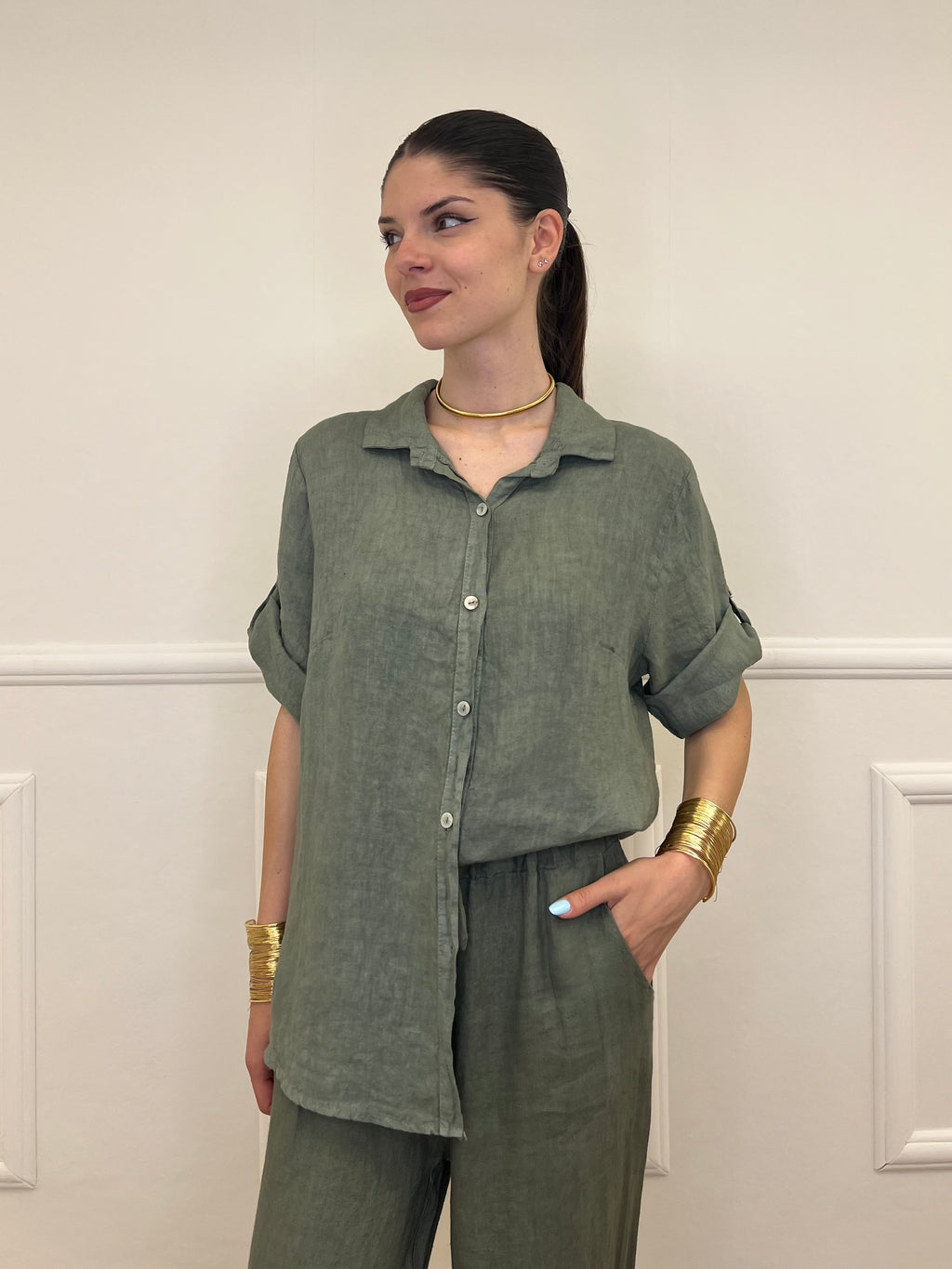 Camicia Maniche 3/4 in Lino 89517 Verde