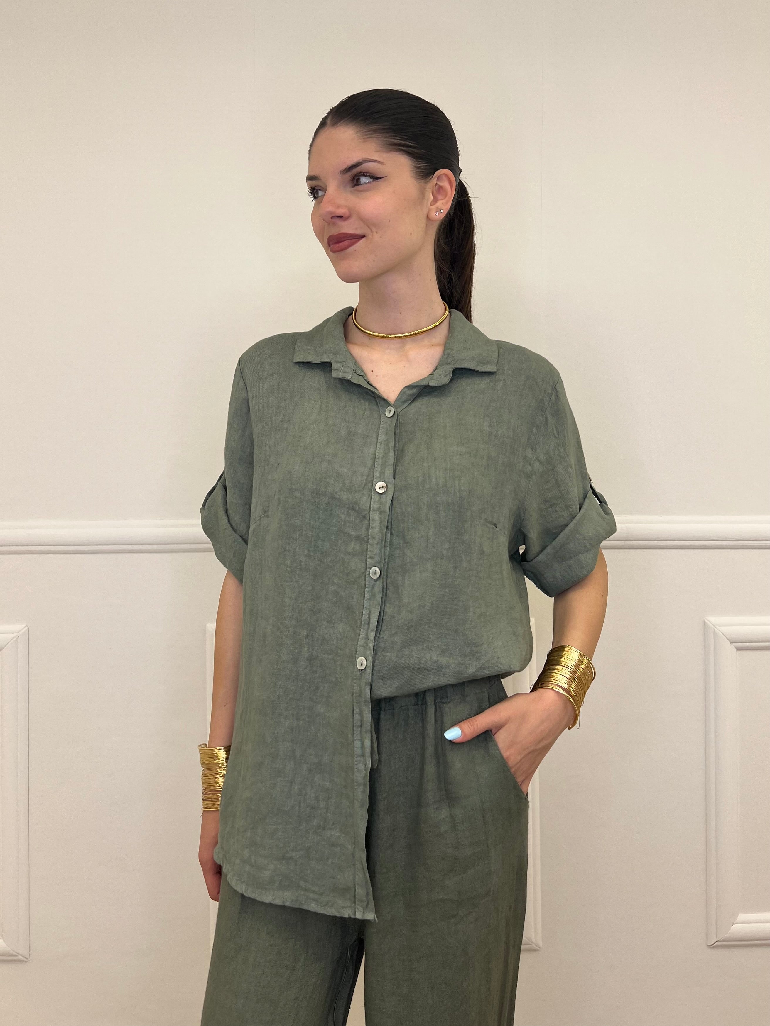 Camicia Maniche 3/4 in Lino 89517 Verde