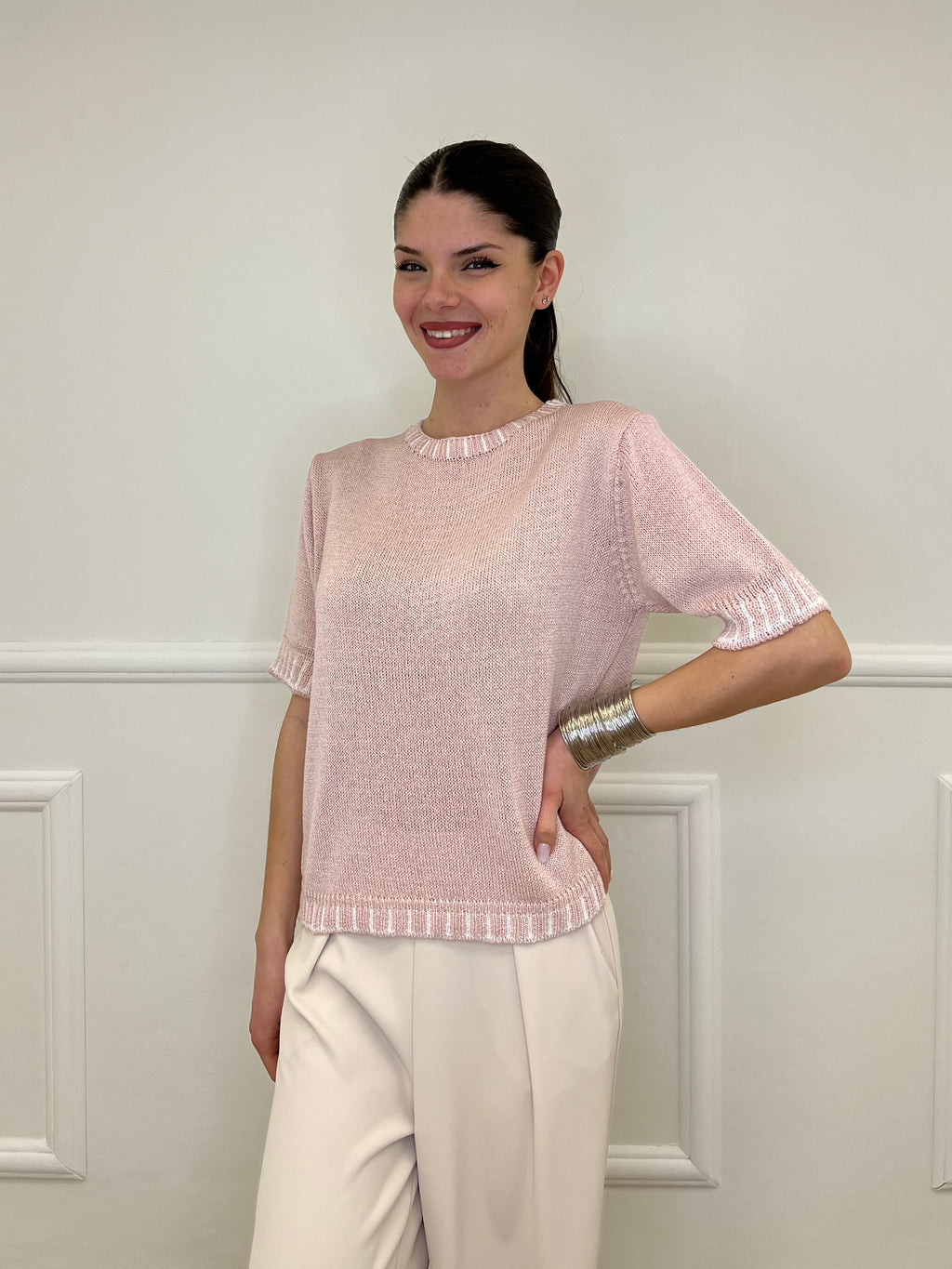 Maglia Profili a Contrasto 2780 Rosa e Bianco