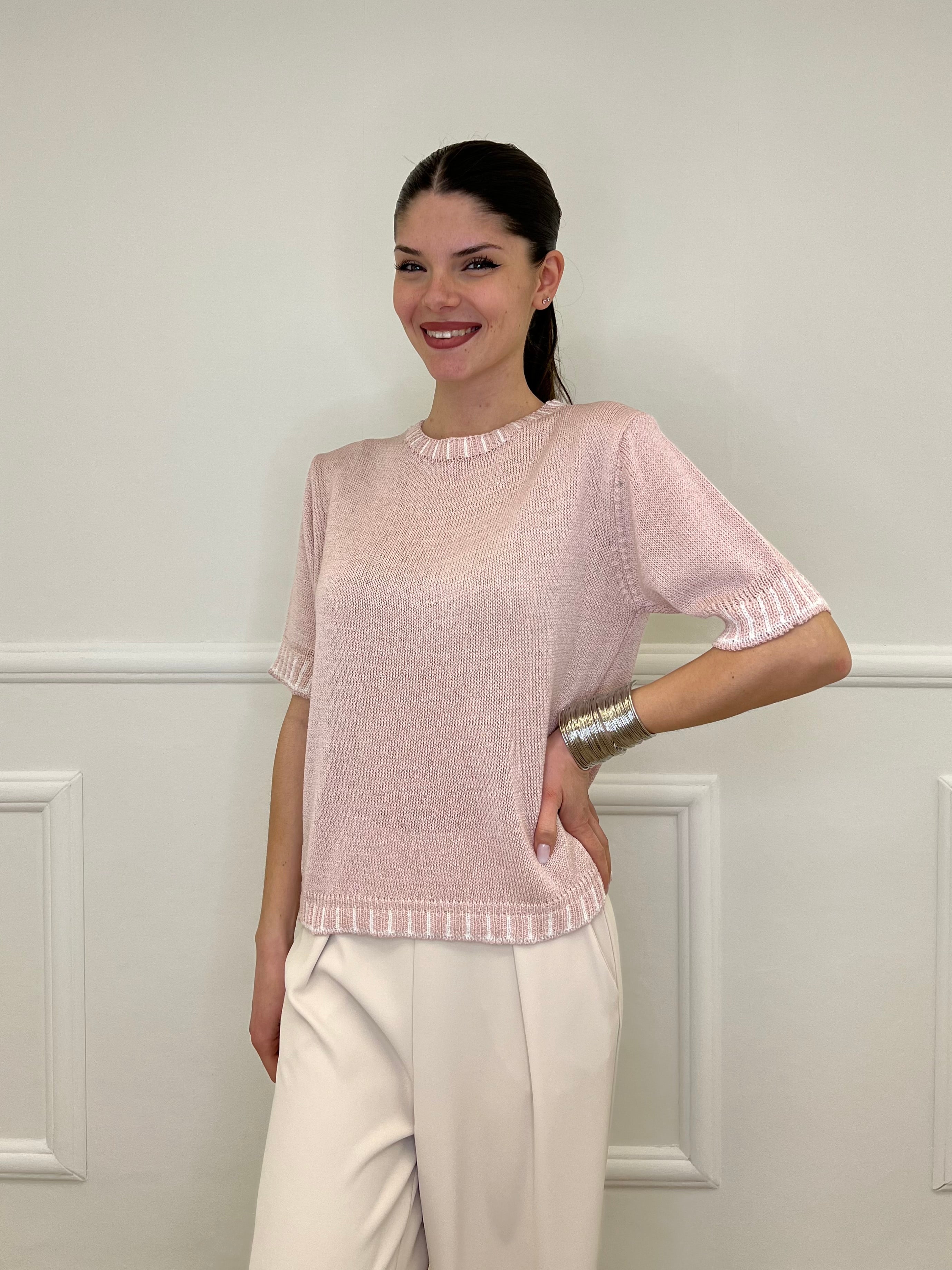 Maglia Profili a Contrasto 2780 Rosa e Bianco