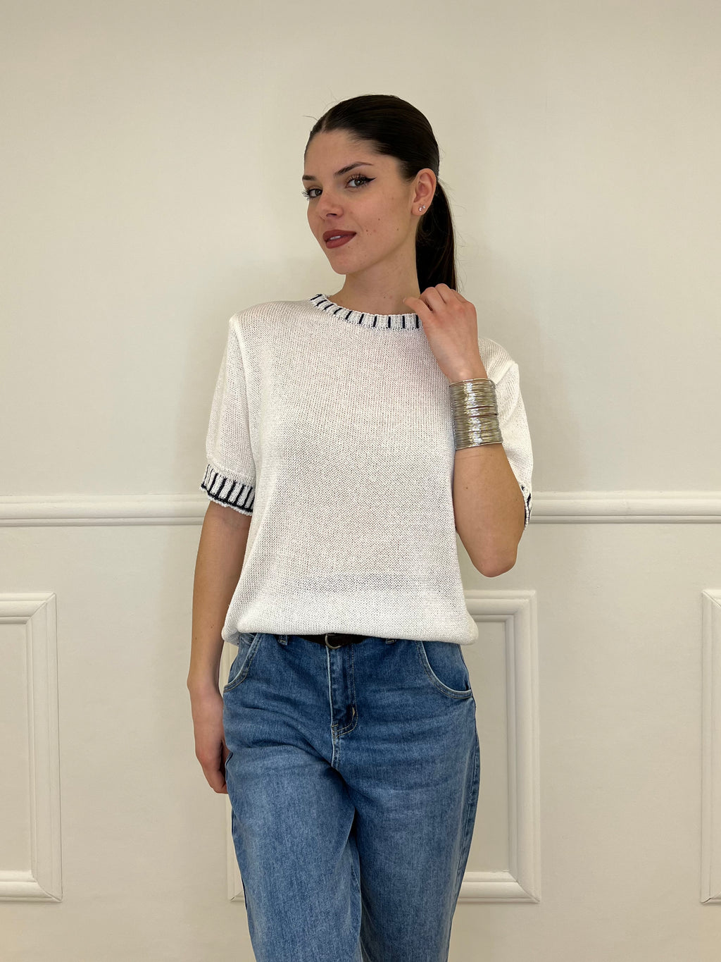 Maglia Profili a Contrasto 2780 Bianco e Blu