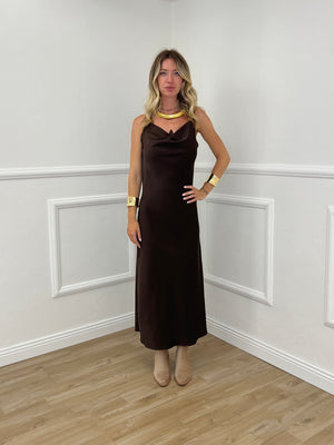 Vestito Satinato Con Scollo Morbido 1502 Marrone