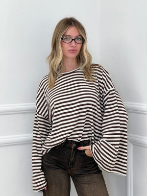 T-shirt Righe Maniche Ampie BM270 Panna e Marrone