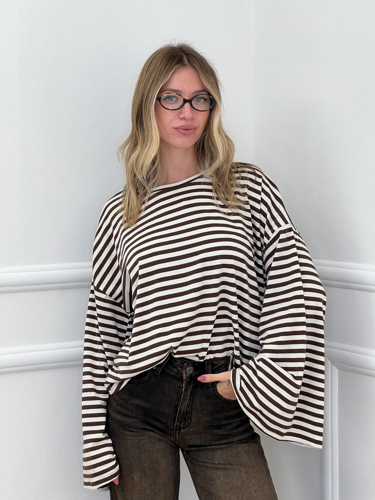 T-shirt Righe Maniche Ampie BM270 Panna e Marrone