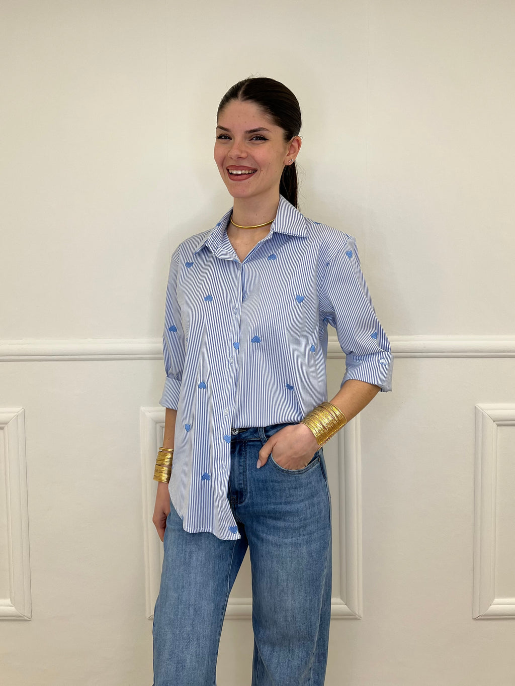 Camicia a Righe Cuori Ricamati 121255 Azzurro