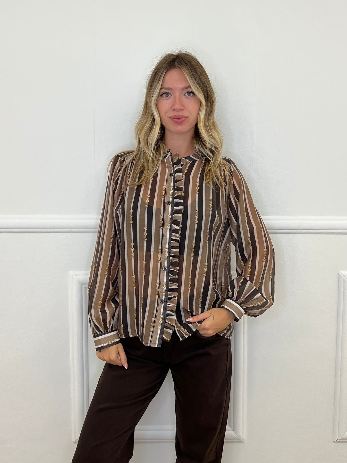 Camicia Tencel Righe Drappeggi L6675 Marrone