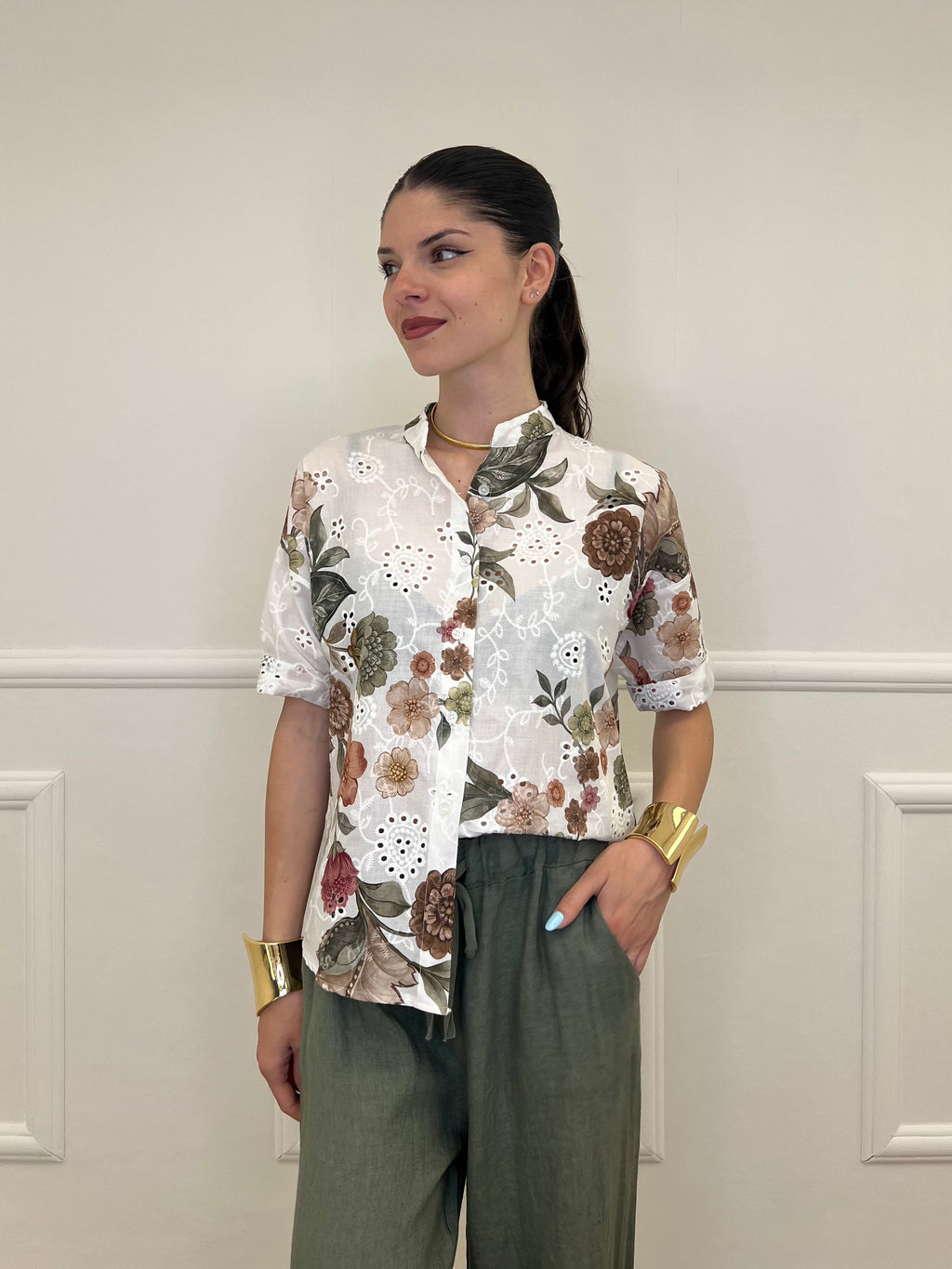 Camicia Fiori Inserti Sangallo 2340 Verde