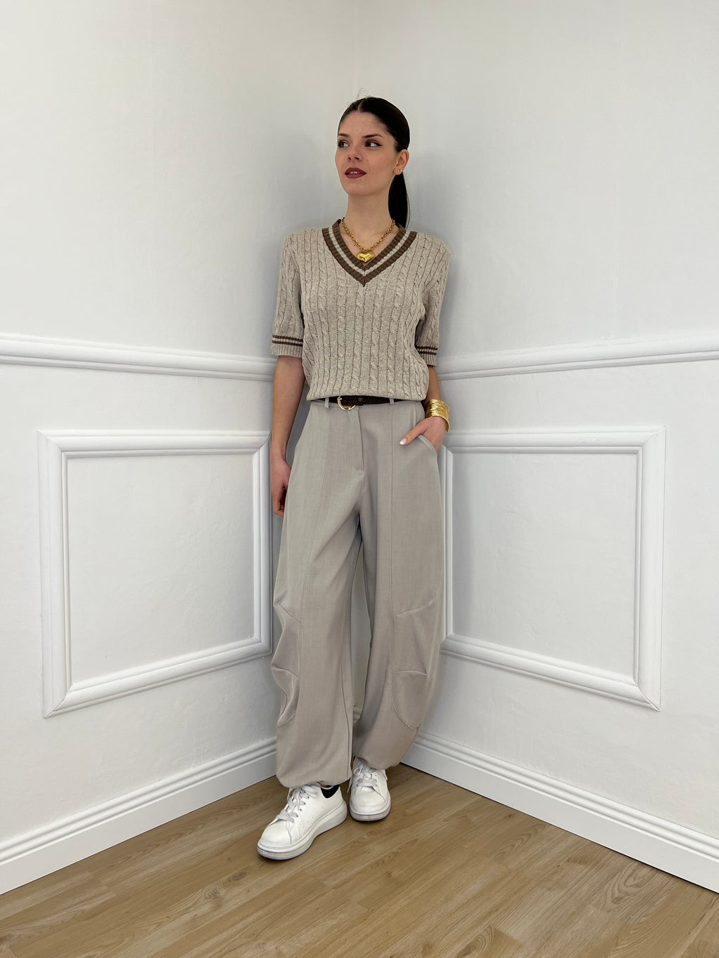 Maglia Trecce Profili a Contrasto 9467 Taupe e Moro