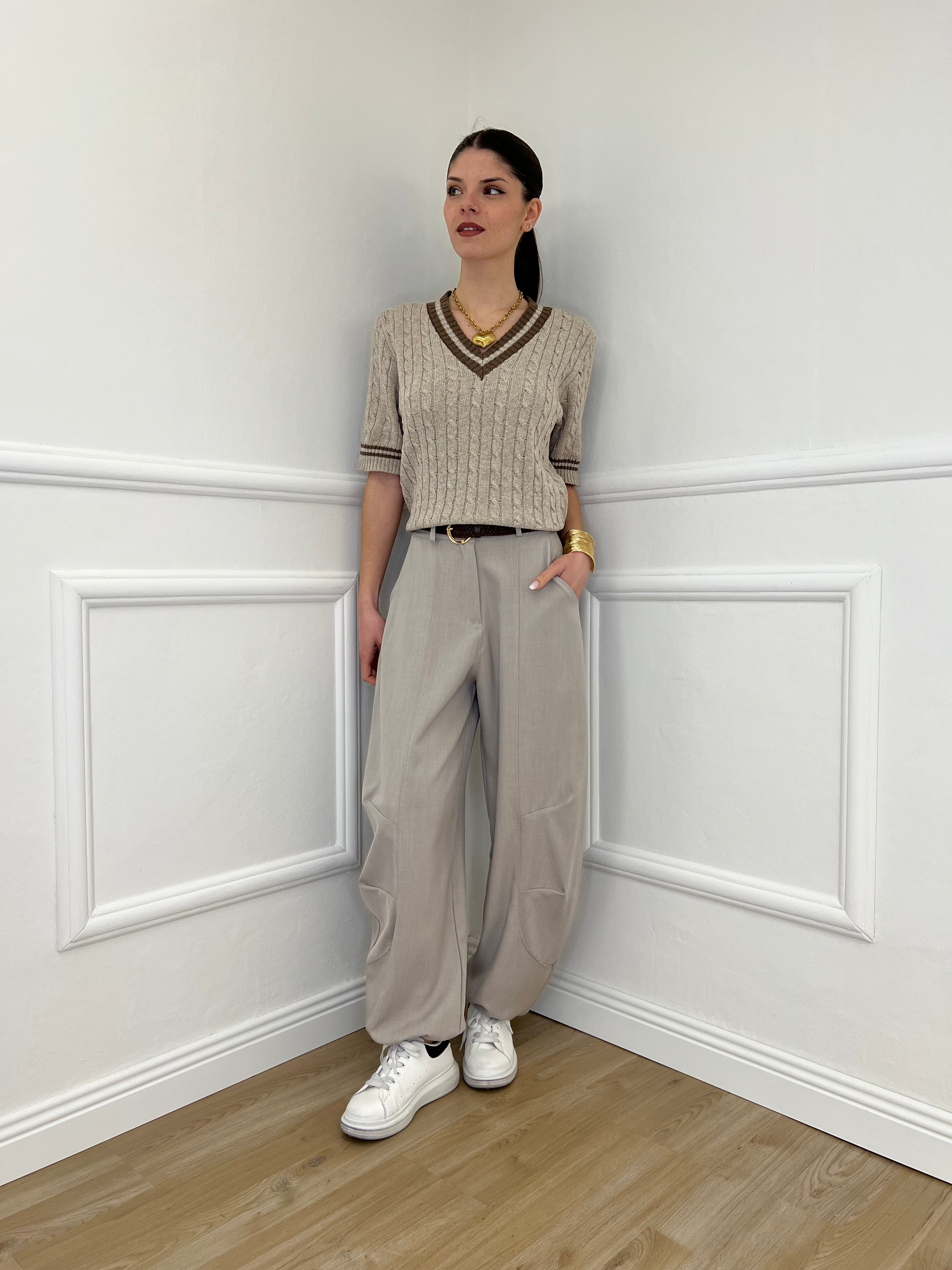 Maglia Trecce Profili a Contrasto 9467 Taupe e Moro