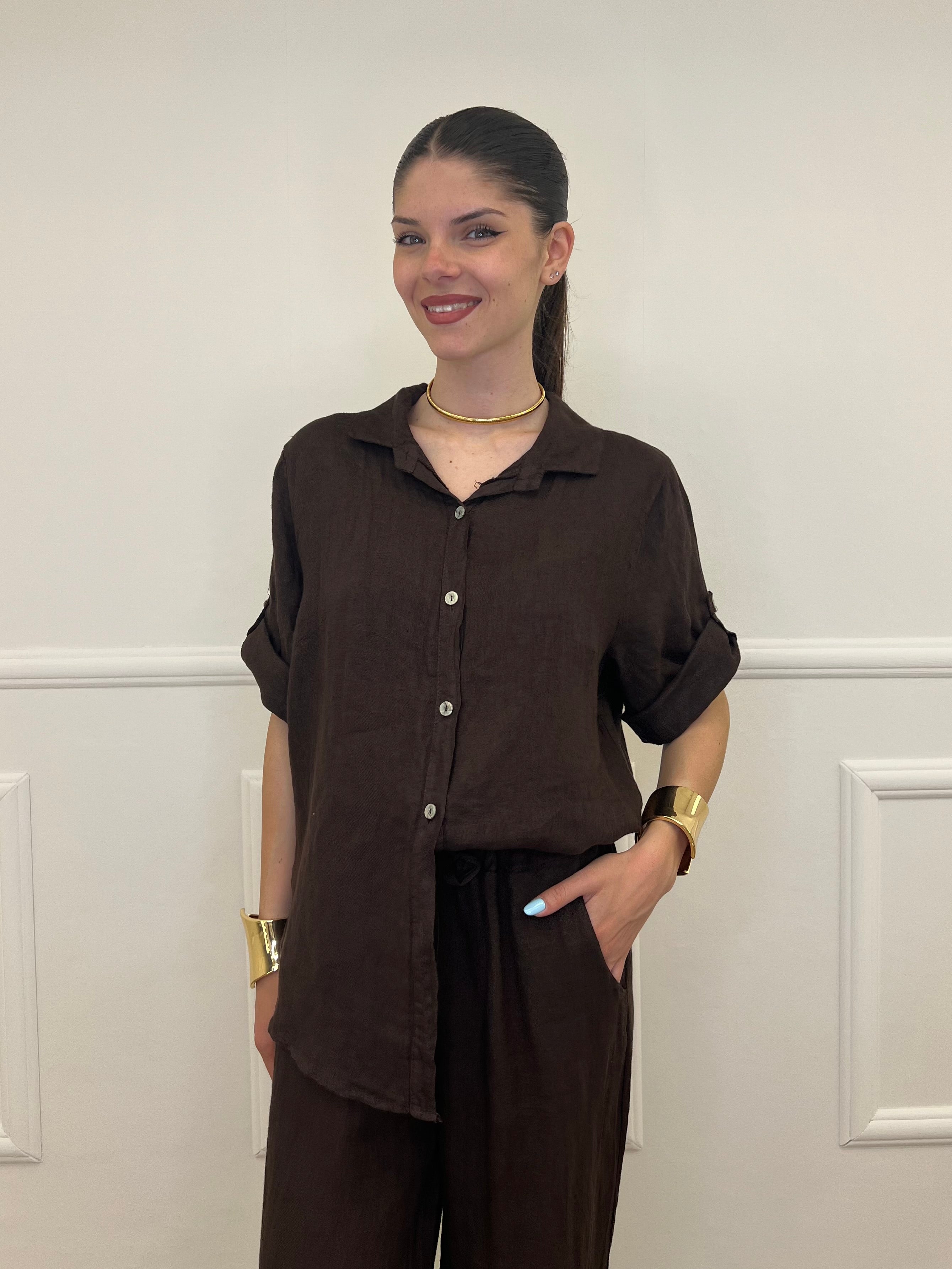 Camicia Maniche 3/4 in Lino 89517 Moro