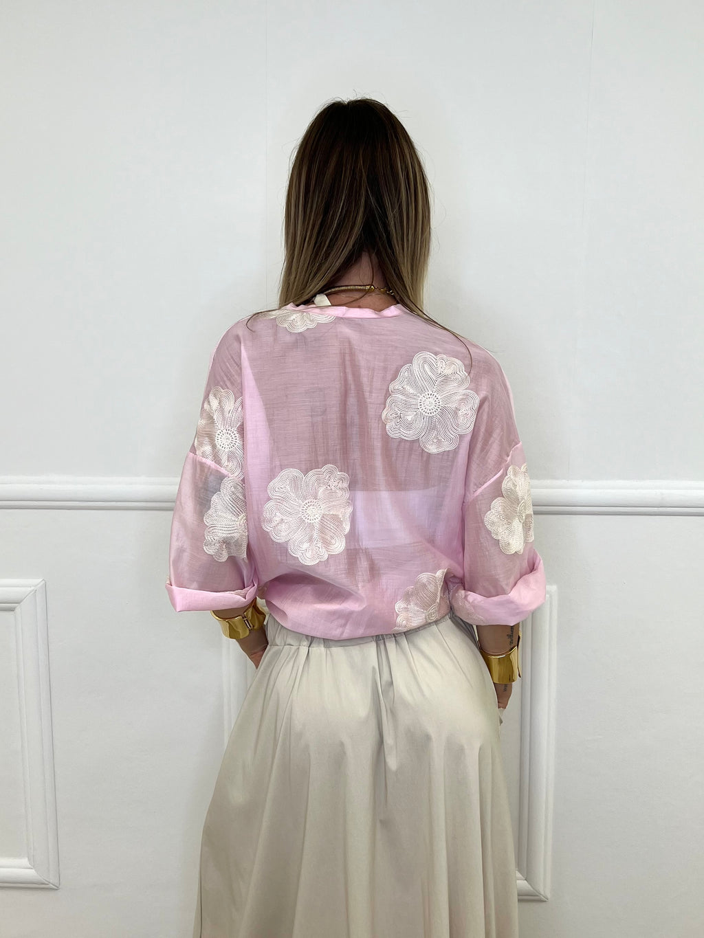 Camicia In Tencel Con Ricami 93-767 Rosa