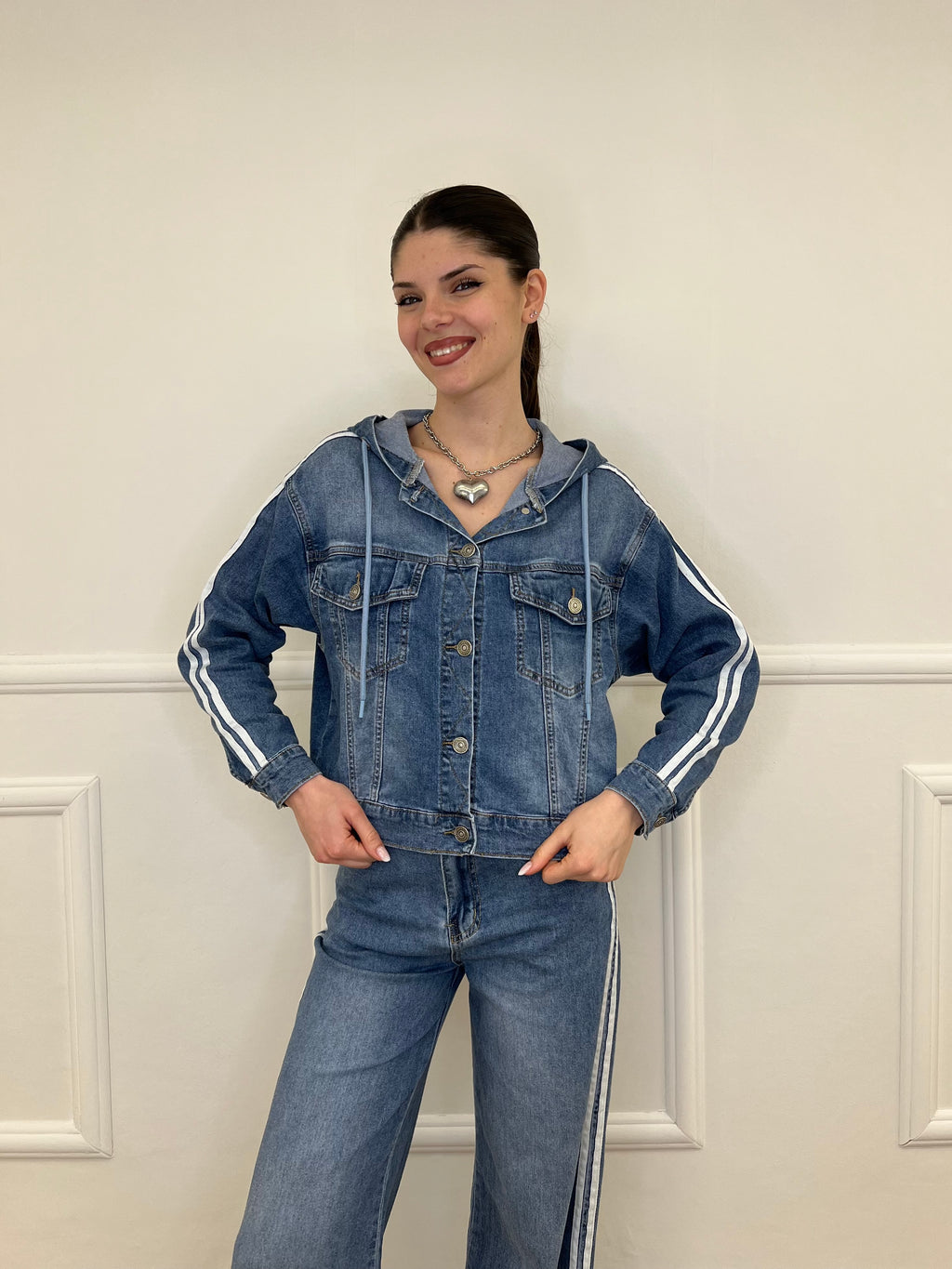 Giacca Denim Bande e Cappuccio J997 Azzurro