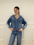 Giacca Denim Bande e Cappuccio J997 Azzurro