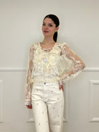 Twin Set Blusa in Pizzo Con Jabot e Sottoveste 7099 Ecru