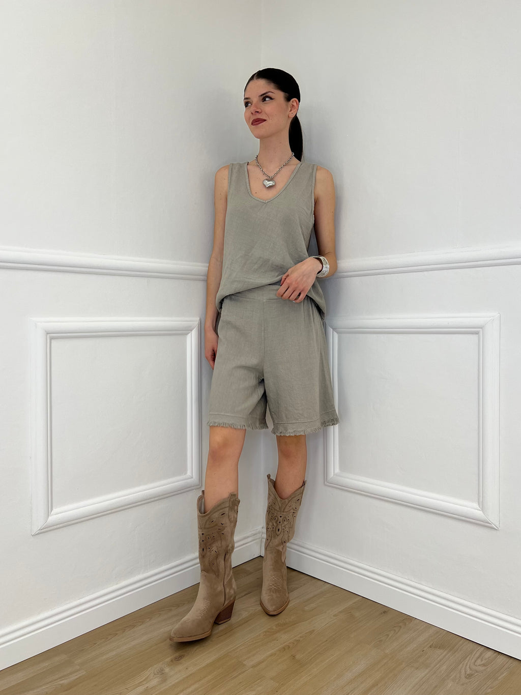 Completo Canotta e Bermuda Misto Lino 10732 Taupe