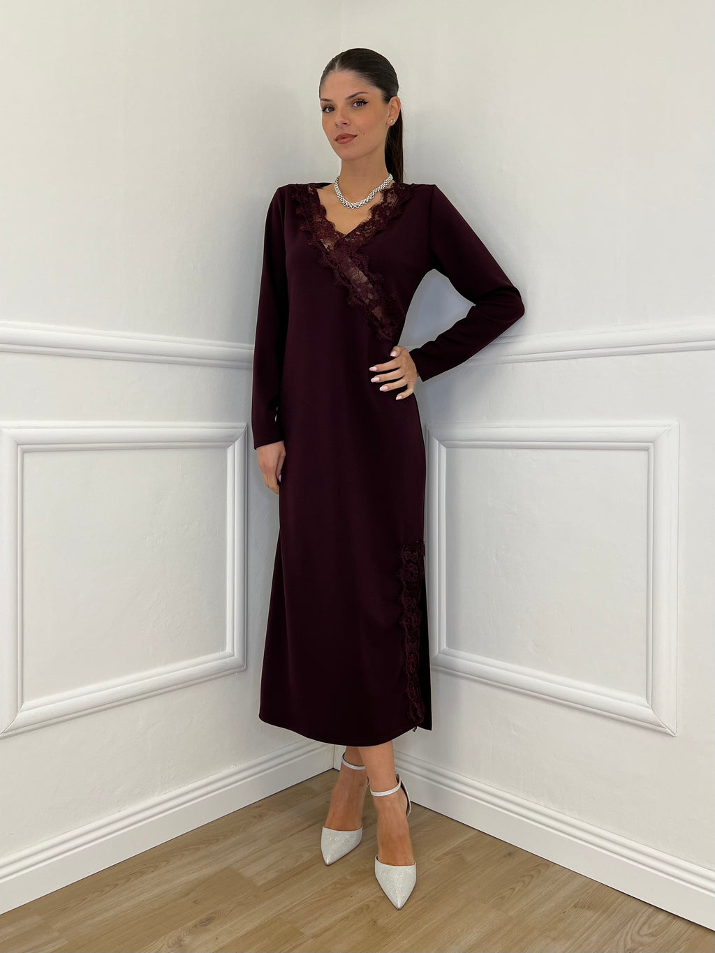 Abito Crepe Pizzo 55743 Burgundy