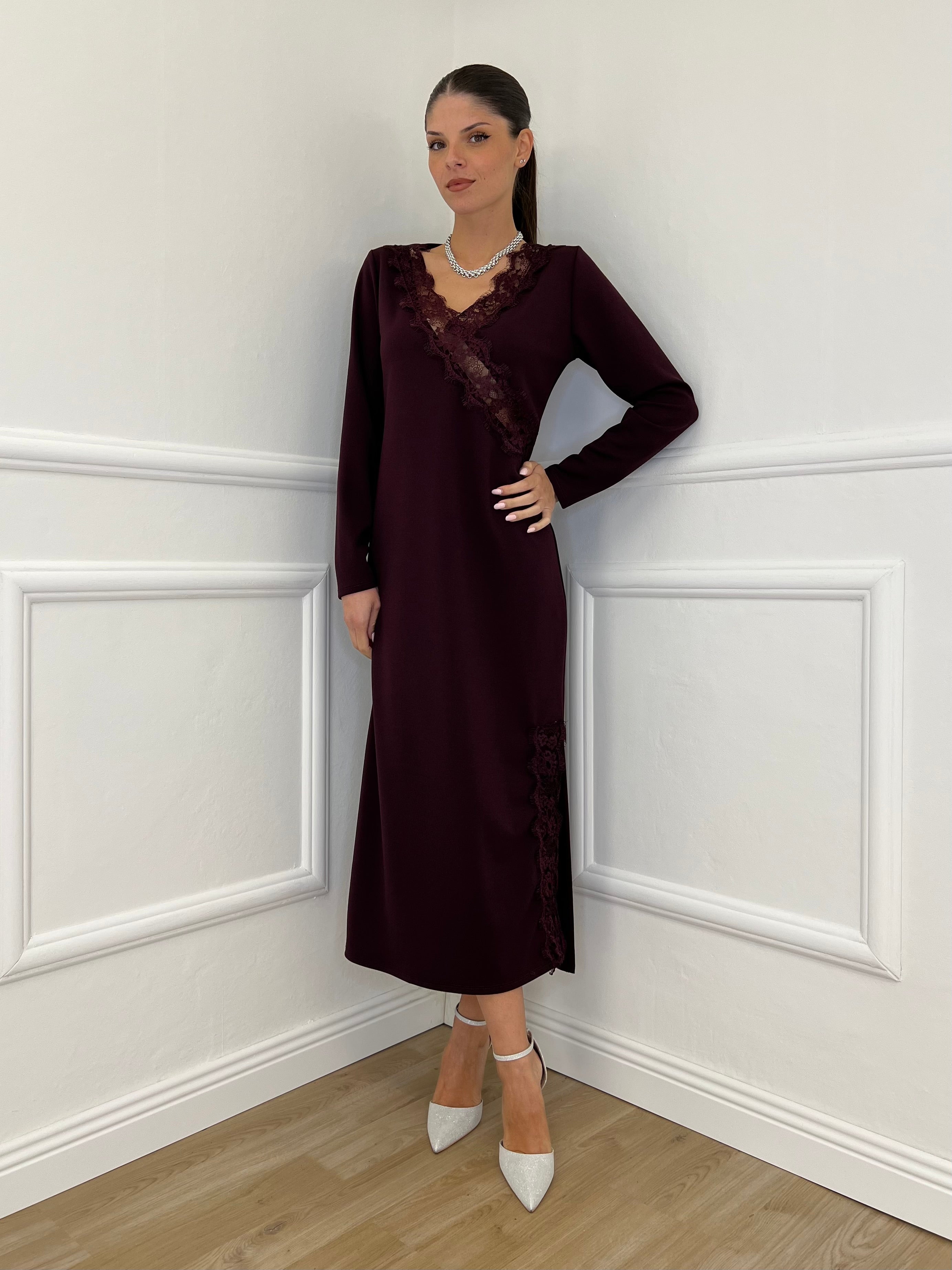 Abito Crepe Pizzo 55743 Burgundy