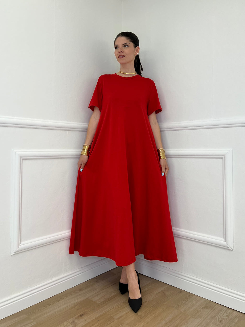 Abito Lungo Con Tasche Lumina L7728 Rosso
