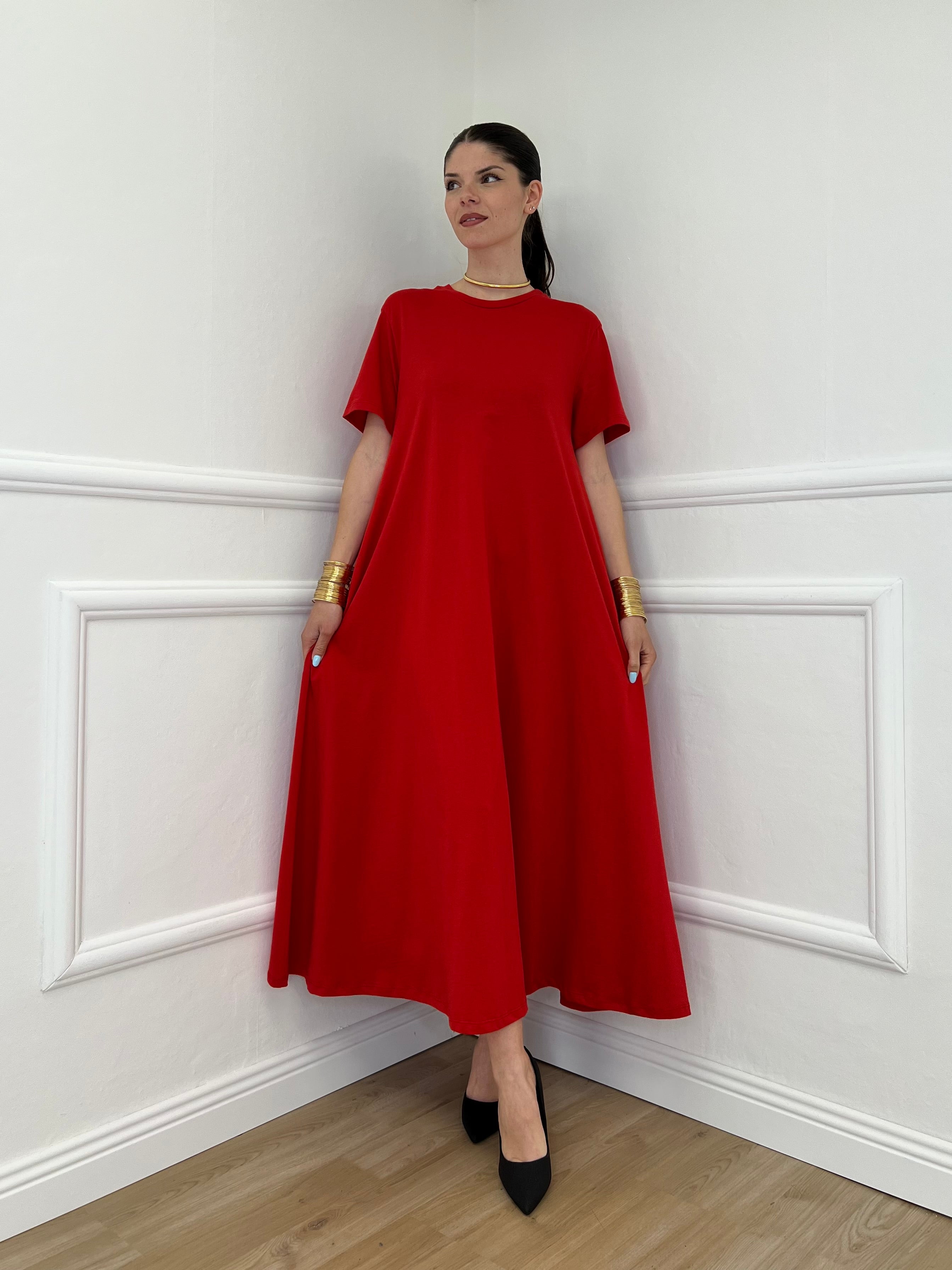 Abito Lungo Con Tasche Lumina L7728 Rosso