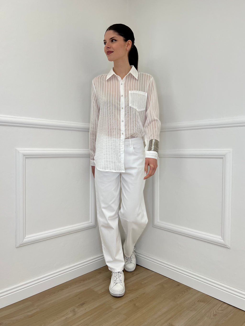 Camicia Tencel Spalmata a Righe 25802 Bianco