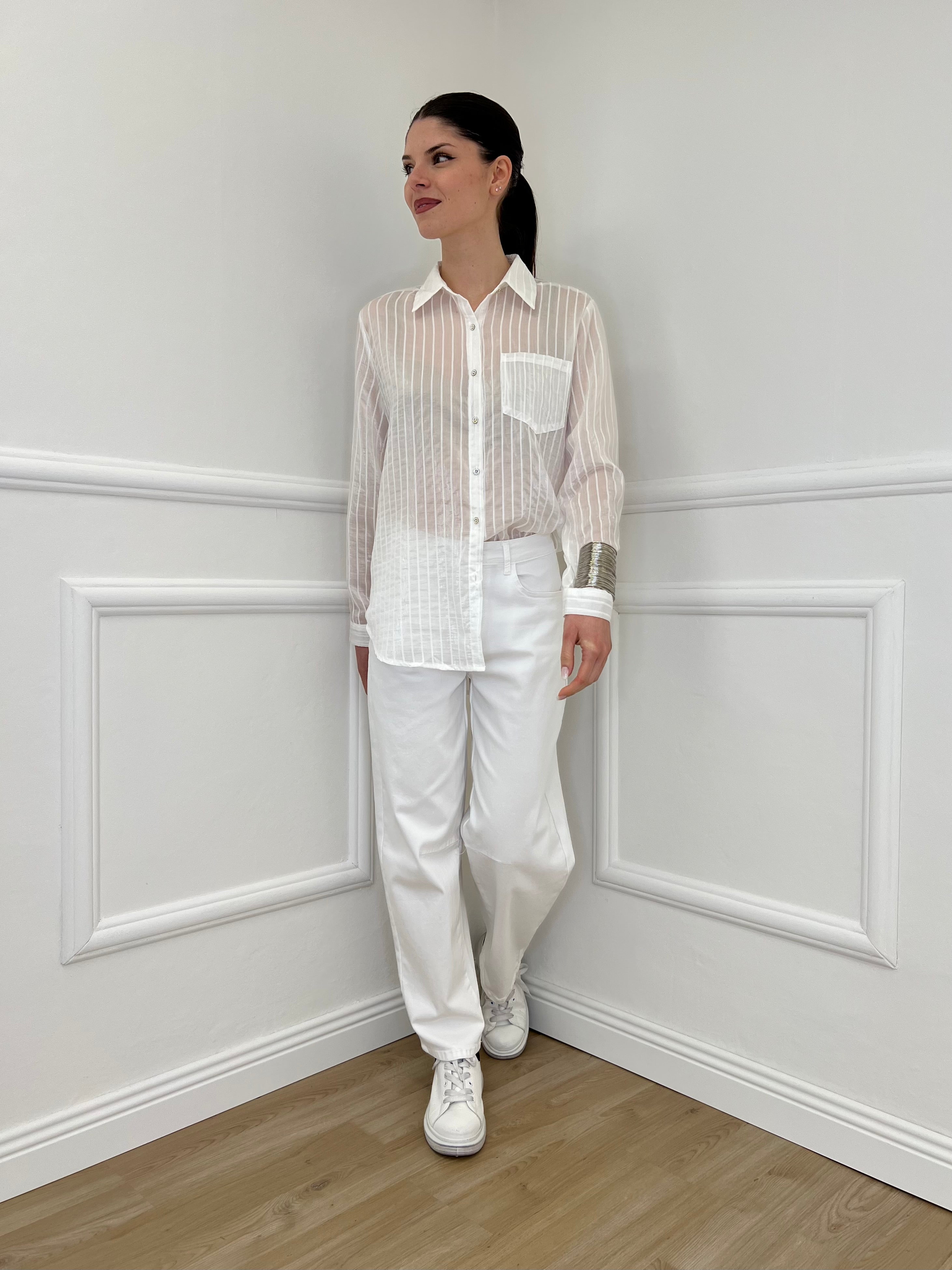 Camicia Tencel Spalmata a Righe 25802 Bianco