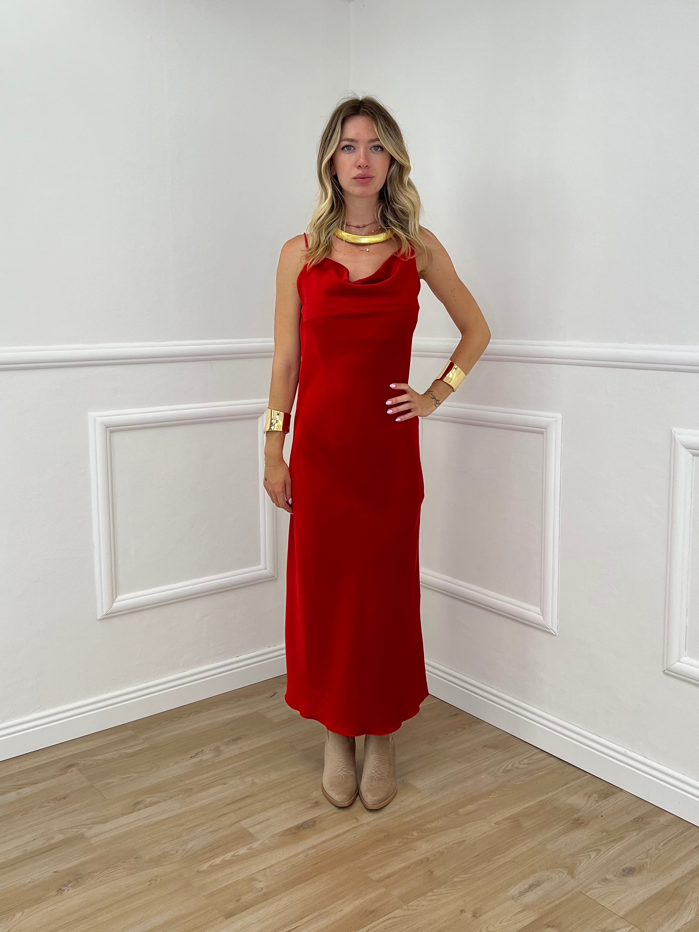 Vestito Satinato Con Scollo Morbido 1502 Rosso