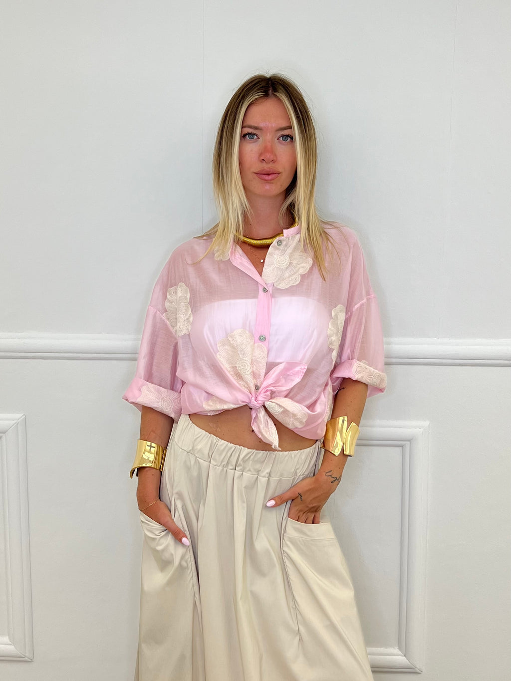Camicia In Tencel Con Ricami 93-767 Rosa