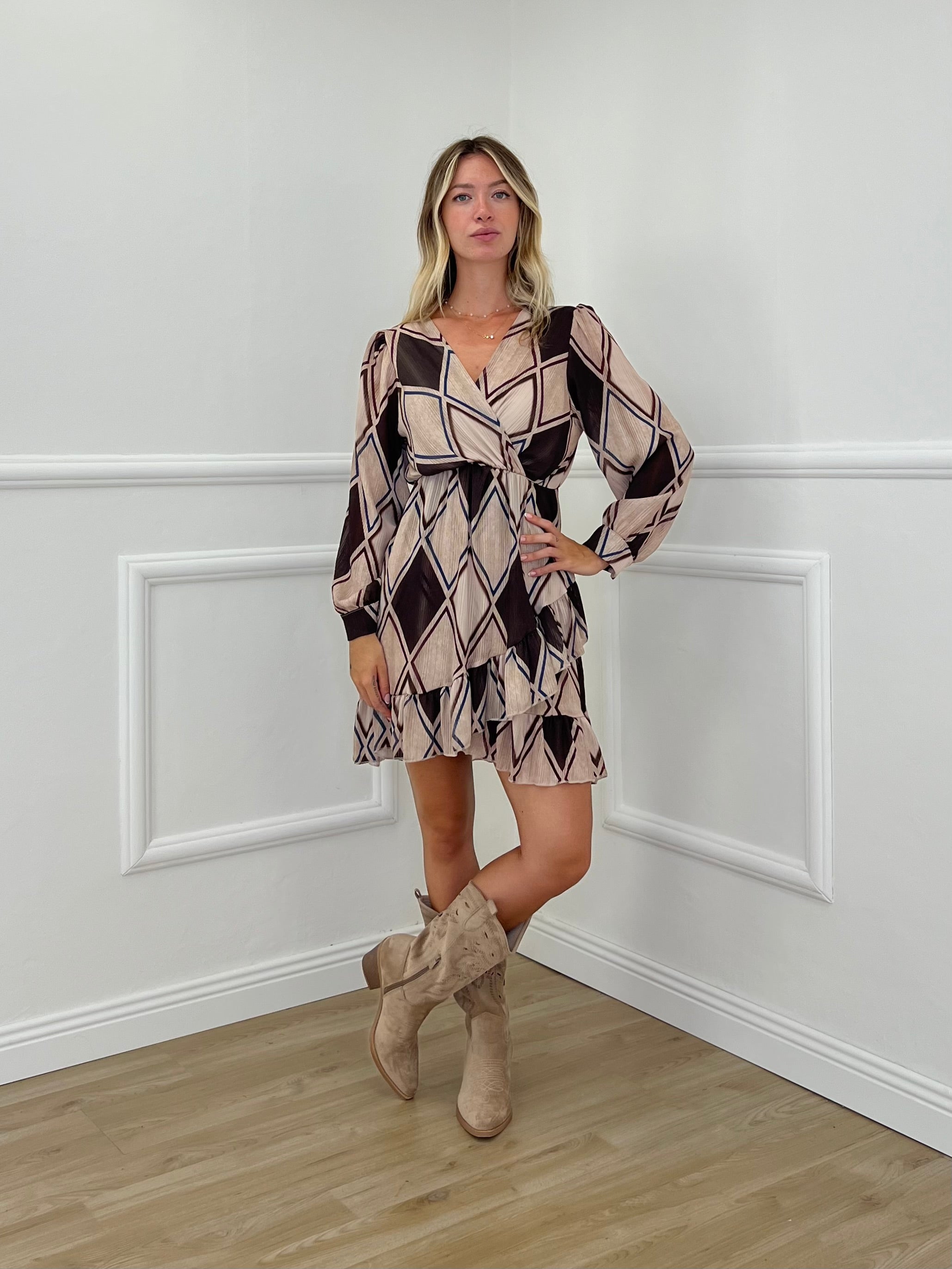 Vestito Corto Impero Geometrico 110742 Ecru