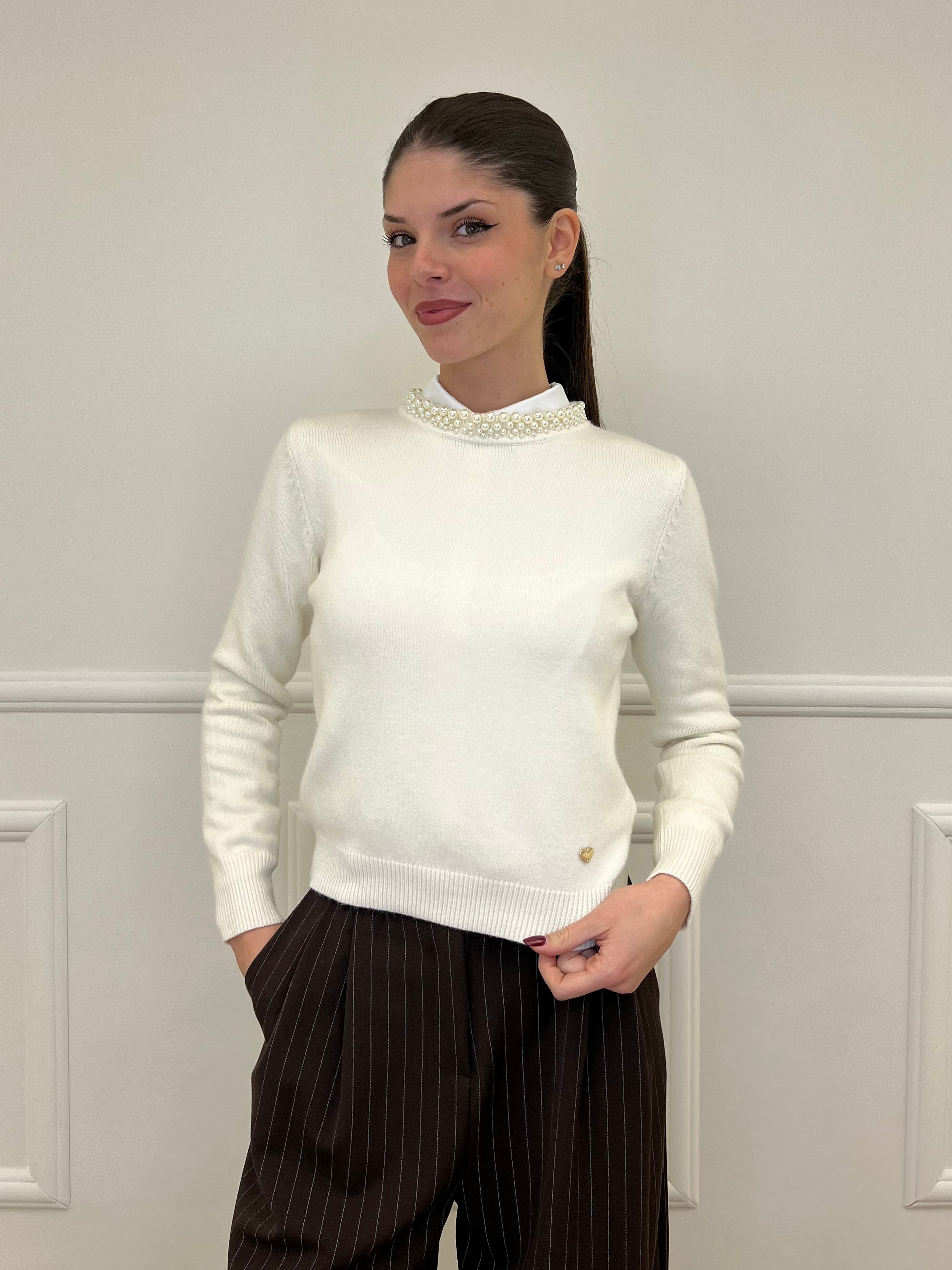 Maglia Collo Perle 25224 Panna