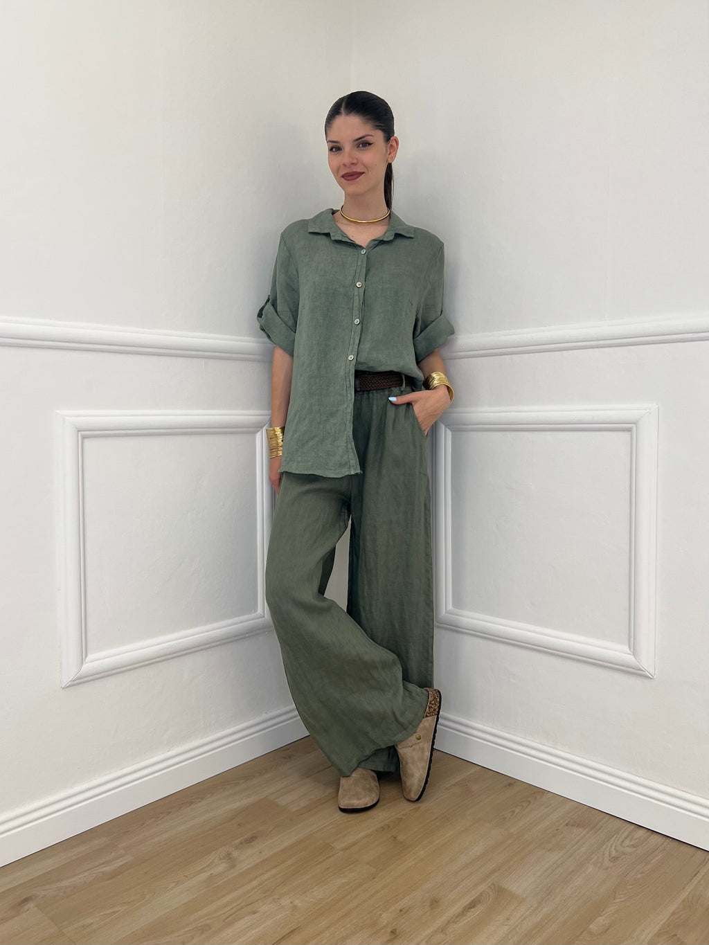 Pantalone Lino Cintura 22525 Verde