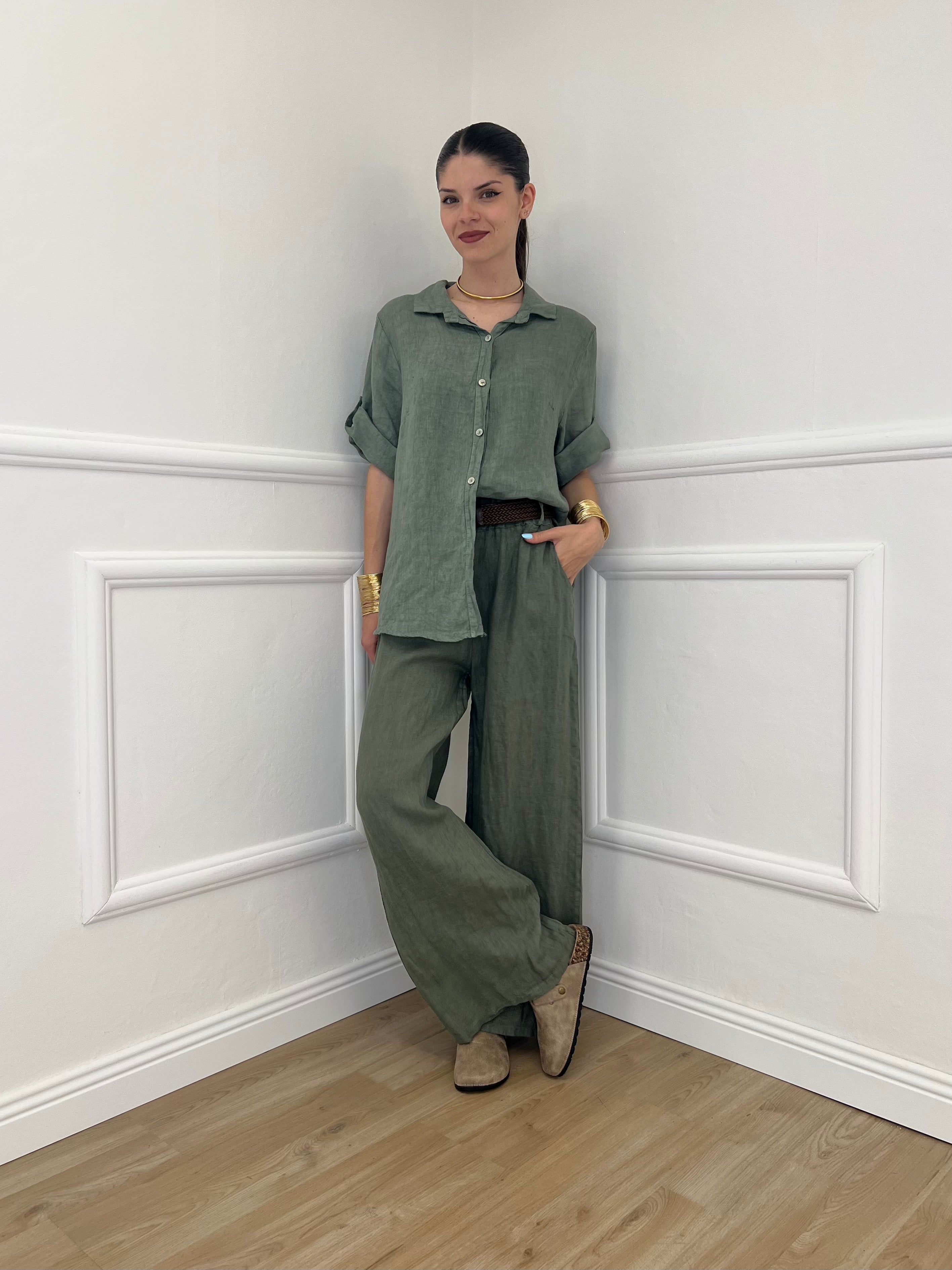 Pantalone Lino Cintura 22525 Verde