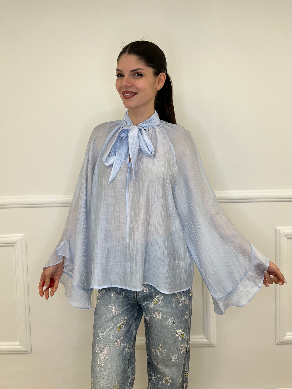 Camicia in Tencel con Fiocco 2608 Azzurro